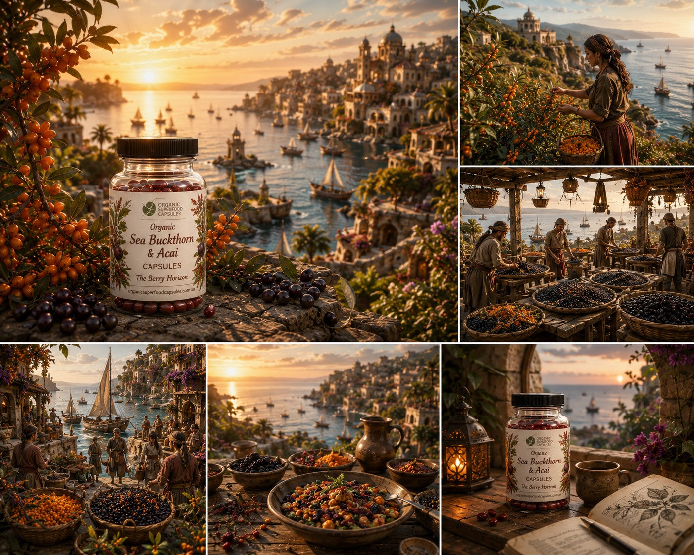 A collage of six warm-toned scenes featuring a jar labeled 'Sea Buckthorn & Acai Capsules' placed in coastal village and market settings with sailors, baskets of dried berries, and sunset light. The product jar is visible in multiple lifestyle scenes rather than as a clean studio shot.