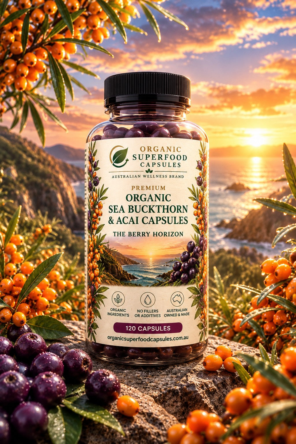 A bottle of Organic Superfood Capsules labeled 'Sea Buckthorn & Acai Capsules' is centered outdoors on a log, surrounded by clusters of orange sea buckthorn berries and purple acai berries, with a scenic sunset landscape in the background.