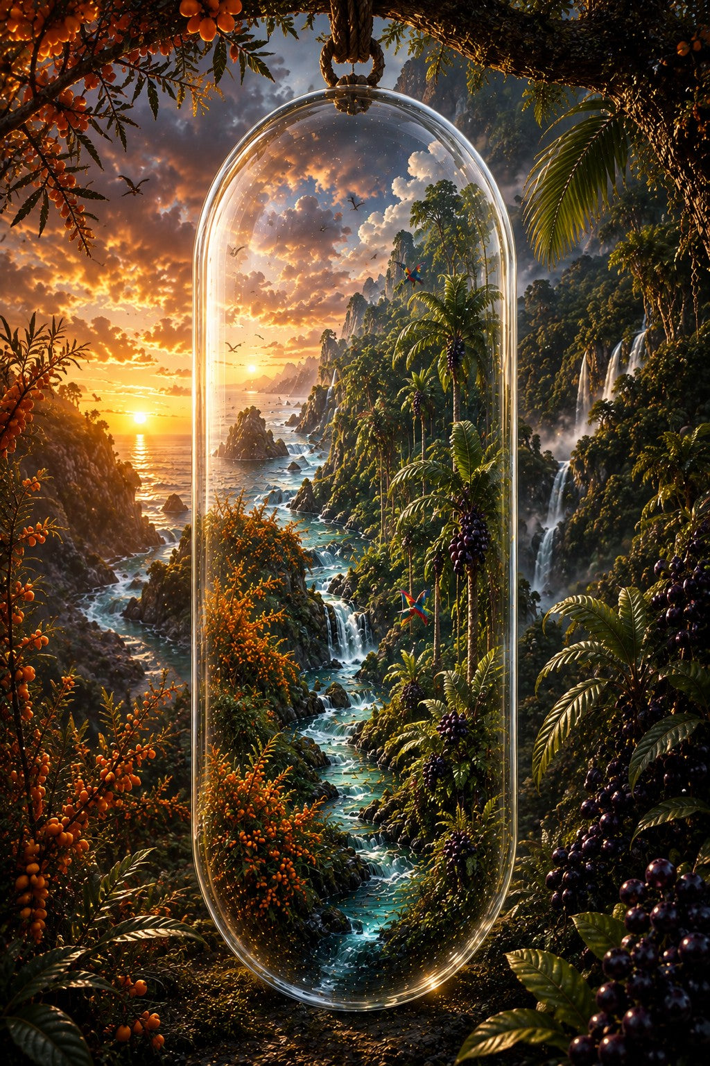 A large clear hanging dome or terrarium-style frame is centered over a vivid tropical landscape painting featuring a river, waterfalls, cliffs, palm trees, and a sunset. The scene appears digitally enhanced or AI-generated, with dense foliage, glowing sunset light, and fruit clusters around the hanging frame.