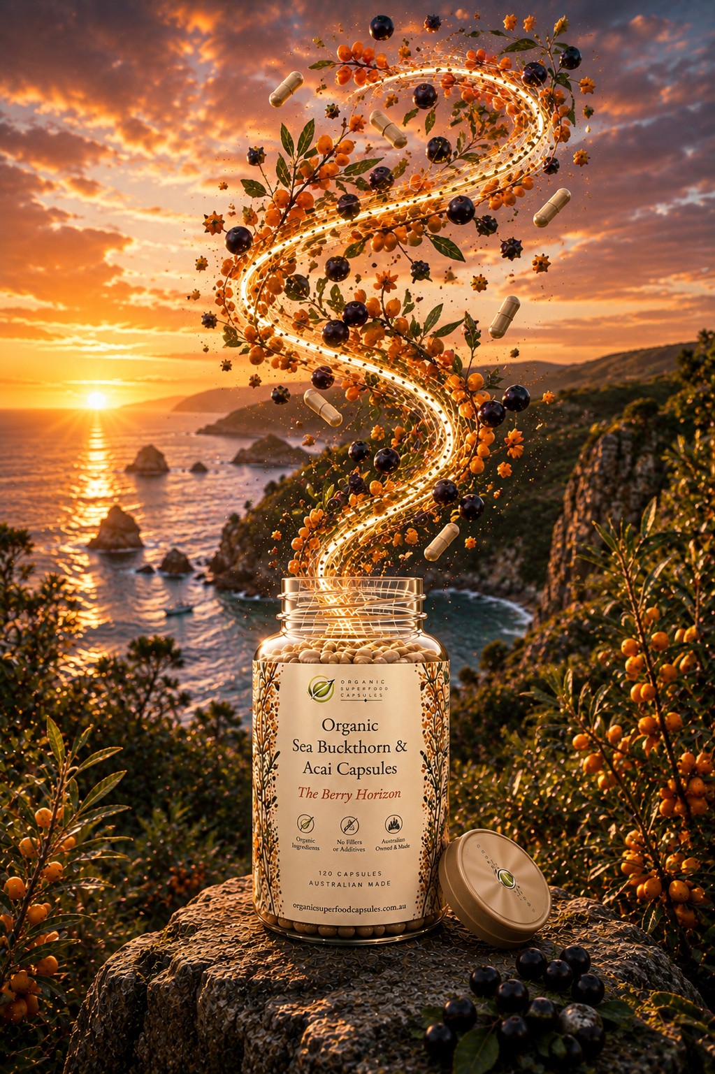 A jar of Organic Sea Buckthorn & Acai Capsules sits on a rocky cliffside overlooking an ocean sunset. A swirling spiral of glowing orange, amber, and dark berry-like strands rises from the open jar, decorated with small capsules and botanical elements.