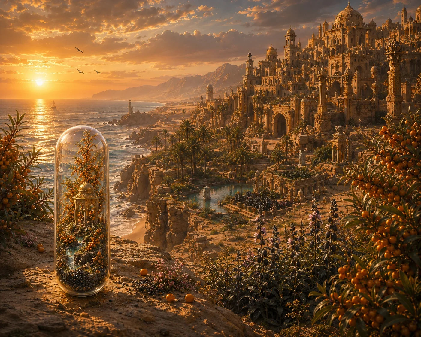 Majestic ancient city by the sea at sunset with a glass dome containing plants. Organic Sea Buckthorn & Black Sesame Blend | Secret of the Sands