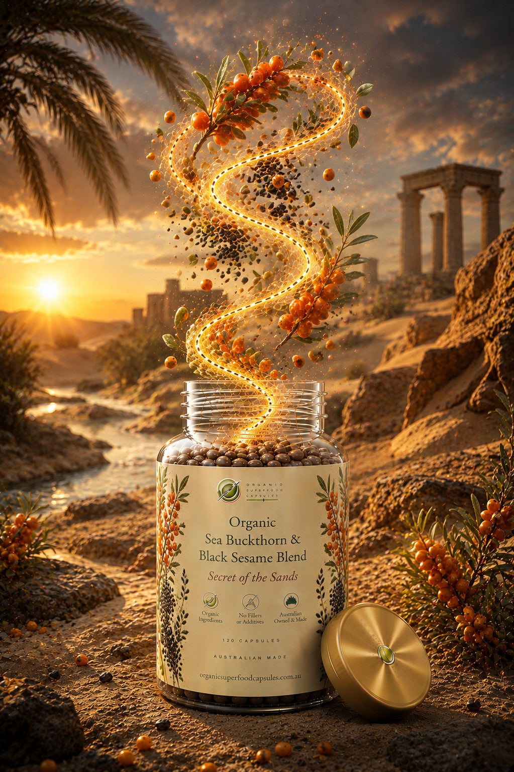 A glass jar labeled 'Organic Sea Buddha & Black Sesame Blend' stands on a rocky desert landscape at sunset, with a swirling stream of glowing golden and dark sesame particles rising above. A gold metal lid rests beside the jar, and the background shows desert ruins and palm trees.