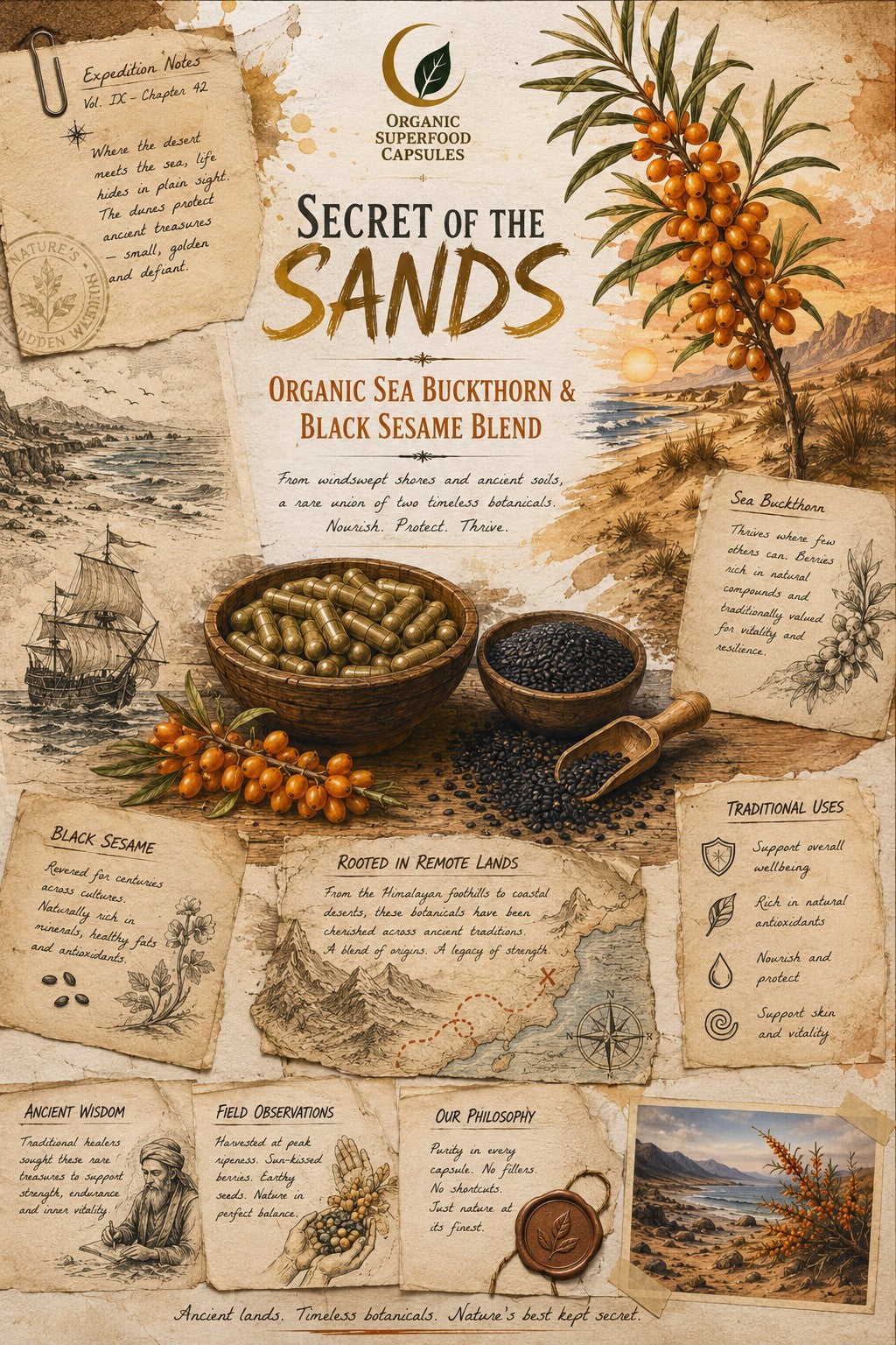 A vintage-style illustrated product poster for Organic Superfood Capsules, featuring the 'Secret of the Sands' blend. The design uses an aged parchment background with sepia illustrations of sea buckthorn and black sesame seeds, a wooden bowl of capsules, and various decorative text boxes detailing traditional uses and history.