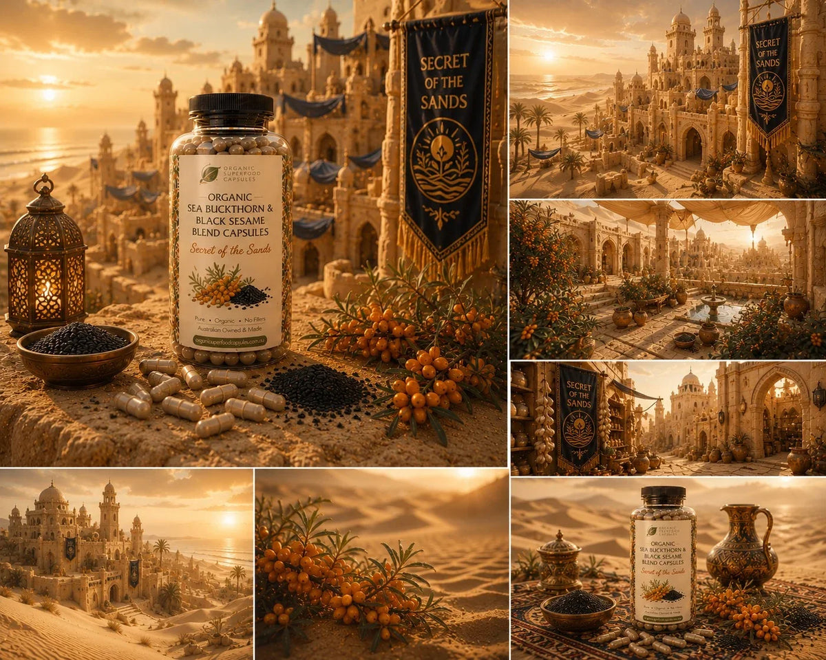 A collage of warm desert-themed product scenes featuring a supplement bottle labeled 'Organic Tea Rock Cinnamon & Black Sesame Blood Capsule' with capsules, a lantern, berries, and banners reading 'Secret of the Sands' and 'Winds of the Sands' against golden sandstone architecture.
