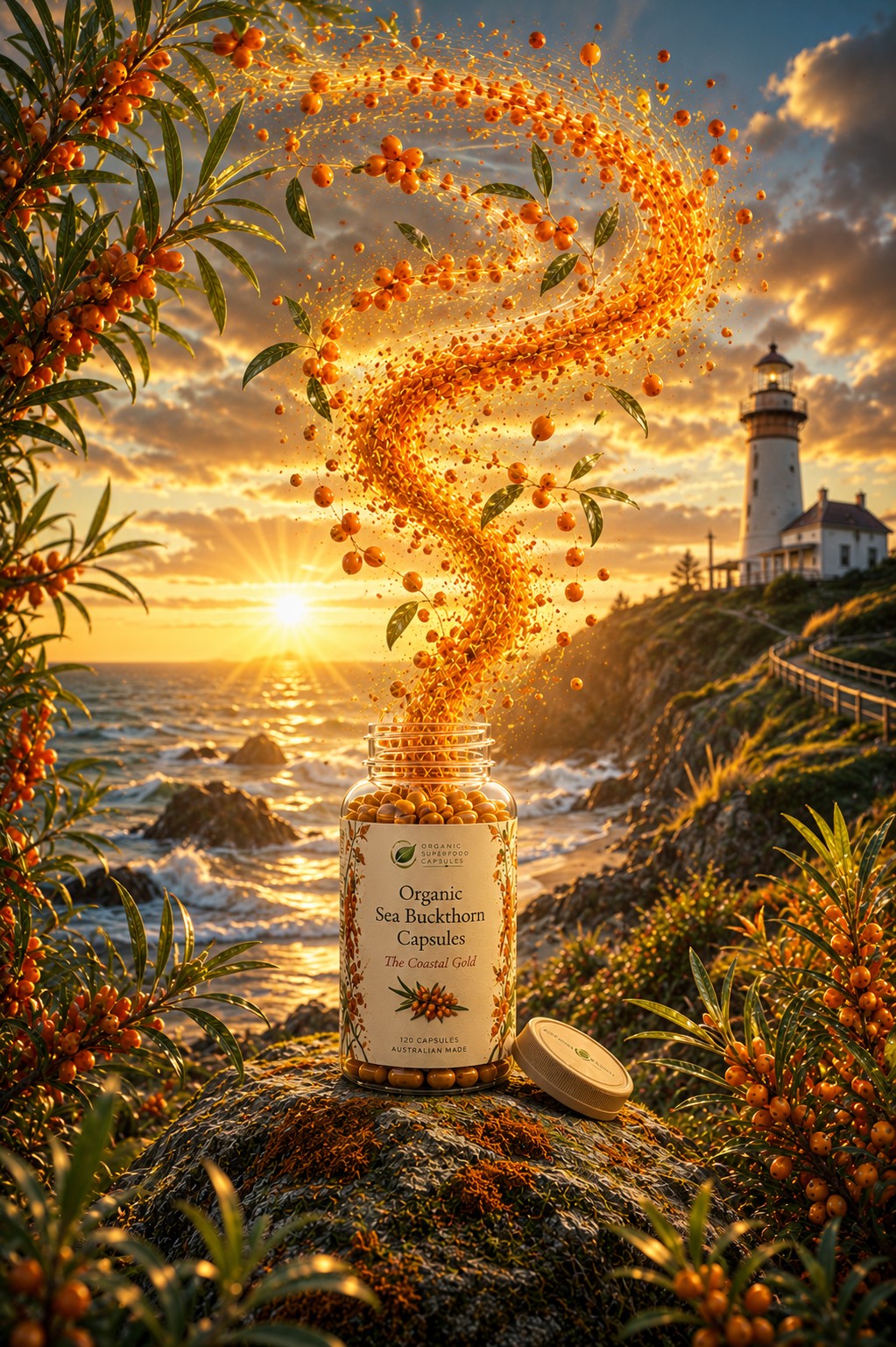 A bottle of Organic Sea Buddha Capsules sits on a rocky shoreline at sunset, with a lighthouse in the background. A swirling stream of golden-orange capsules shoots upward from the open bottle, and the lid rests beside it.