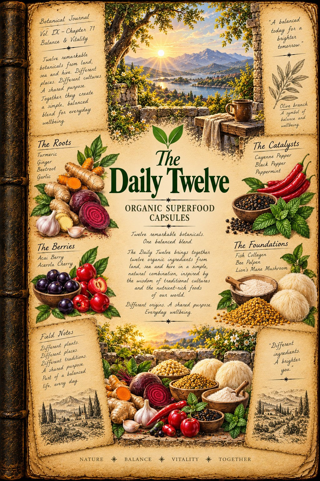 A decorative illustrated poster titled "The Daily Twelve" with a vintage parchment background, showing a scenic landscape at the top and multiple labeled food groups and ingredients around the edges, including roots, berries, catnip, peppercorns, mushrooms, garlic, and grains.