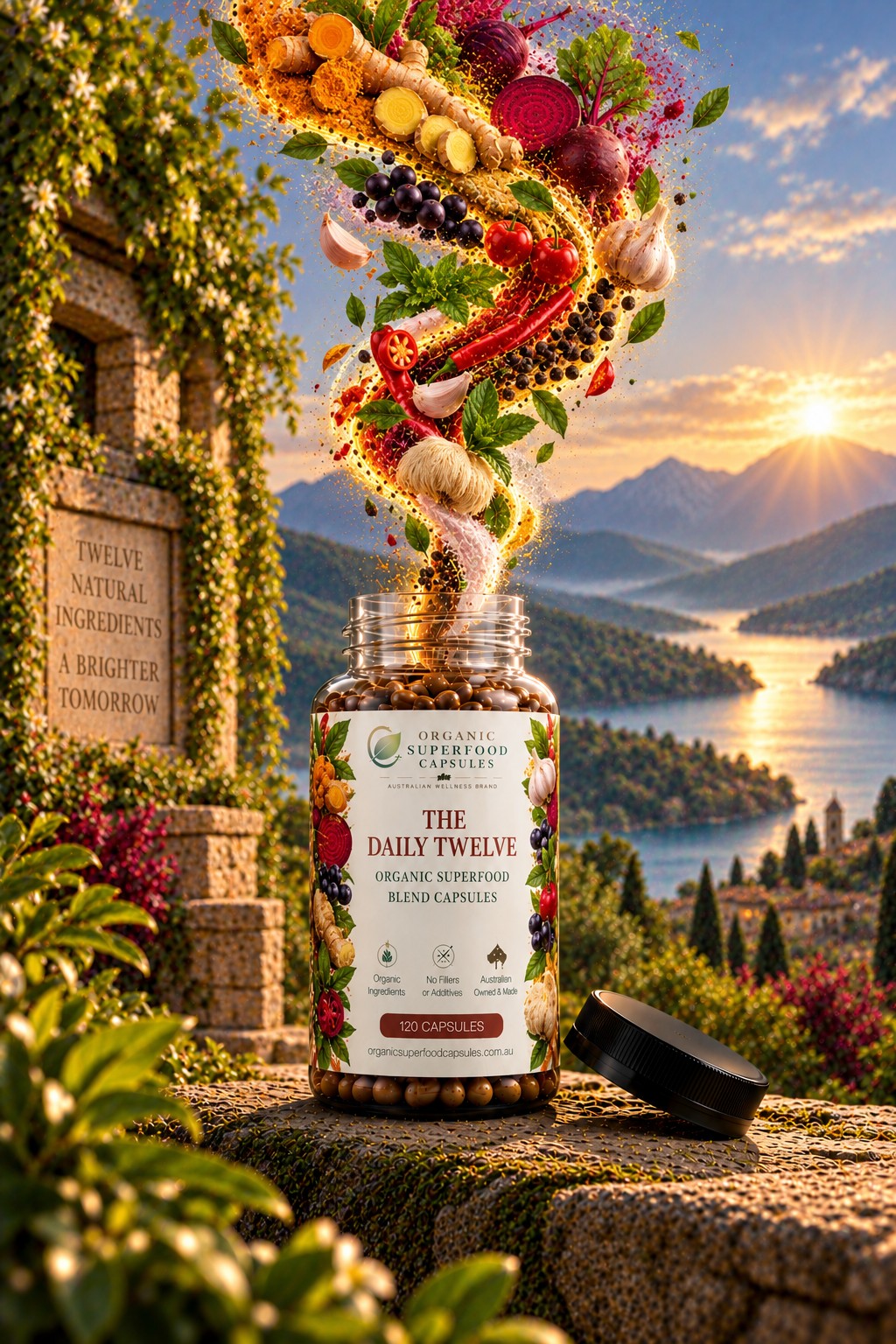 A bottle of 'The Daily Twelve' organic superfood blend capsules sits on a stone ledge with its black lid beside it, set against a scenic background of a lake, mountains, and a sunset. A vibrant, swirling stream of colorful fruits, vegetables, and herbs bursts from the open bottle.