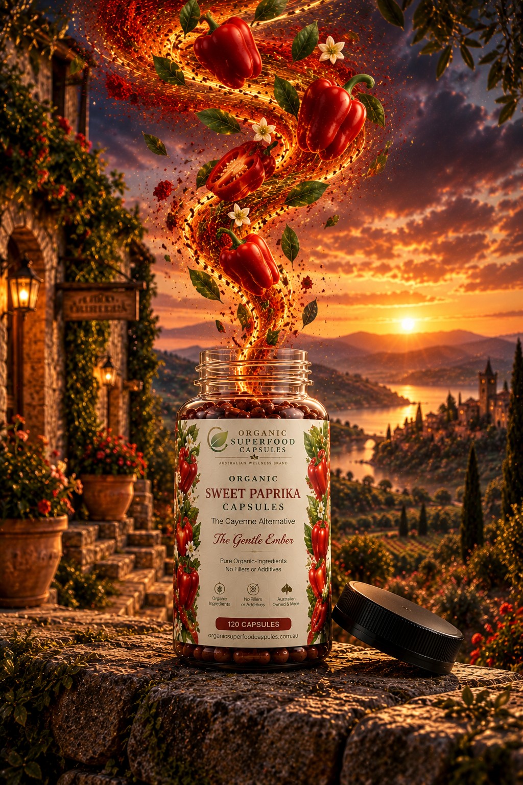 A jar of Organic Superfood Capsules labeled 'Sweet Paprika' sits on a stone ledge with its lid beside it, set against a dramatic sunset landscape with mountains and a river. A swirling stream of red paprika peppers and spices erupts from the open jar.