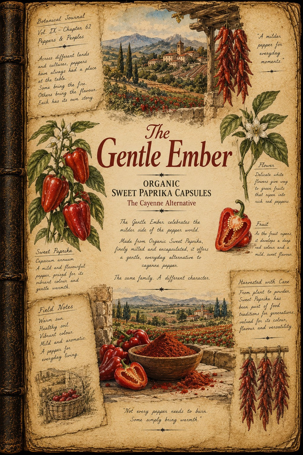 A vintage-style illustrated poster or book page titled "The Gentle Ember" featuring pepper illustrations, a landscape scene, and descriptive text about organic sweet paprika capsules.