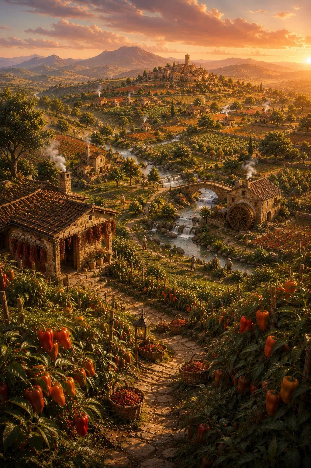 A scenic landscape artwork showing a sunlit hillside village with stone buildings, a winding river, mountains in the distance, and warm orange-red peppers hanging in the foreground.