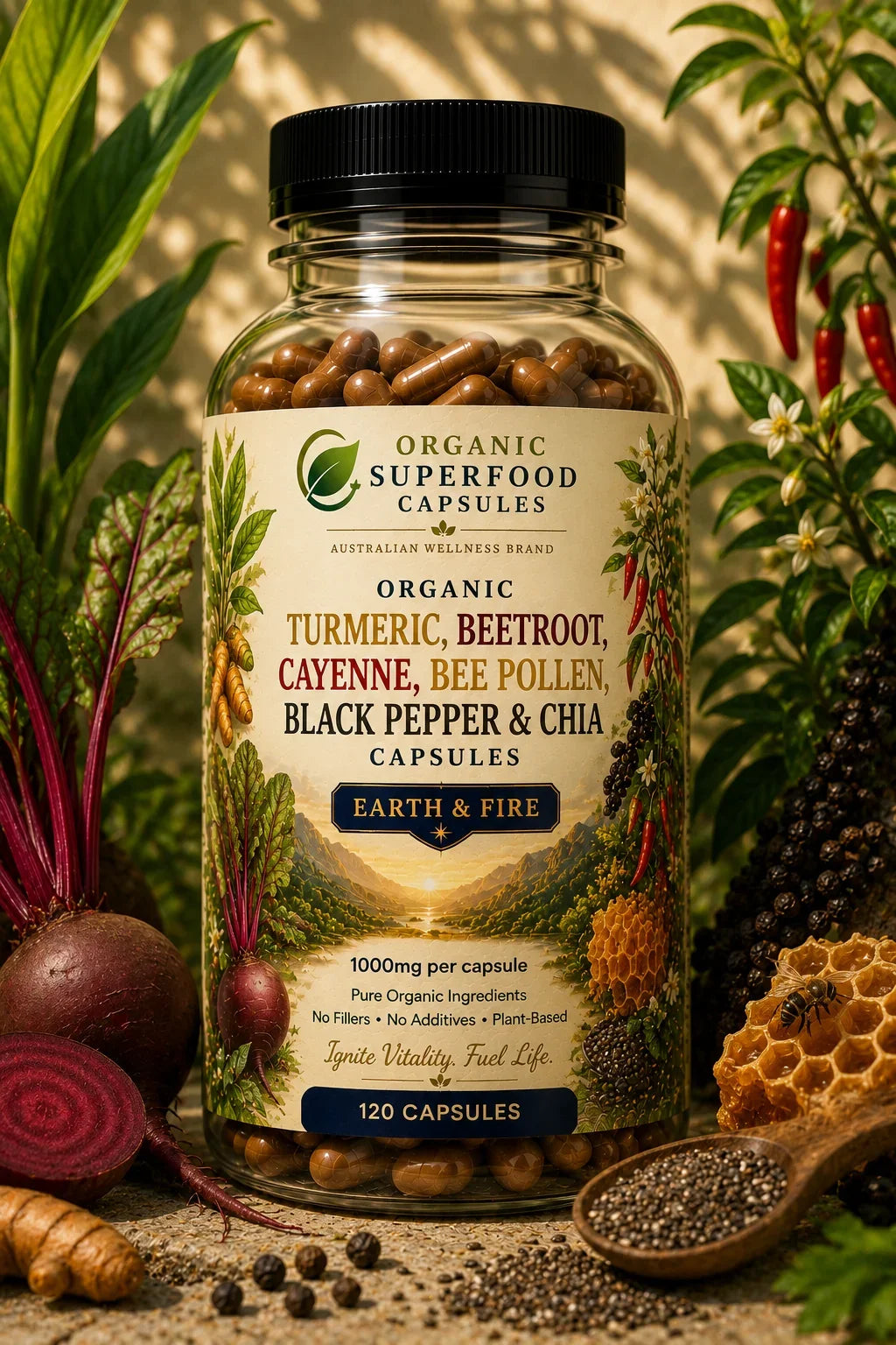Supplement bottle labeled 'Organic Superfood Capsules' with natural ingredients around it.