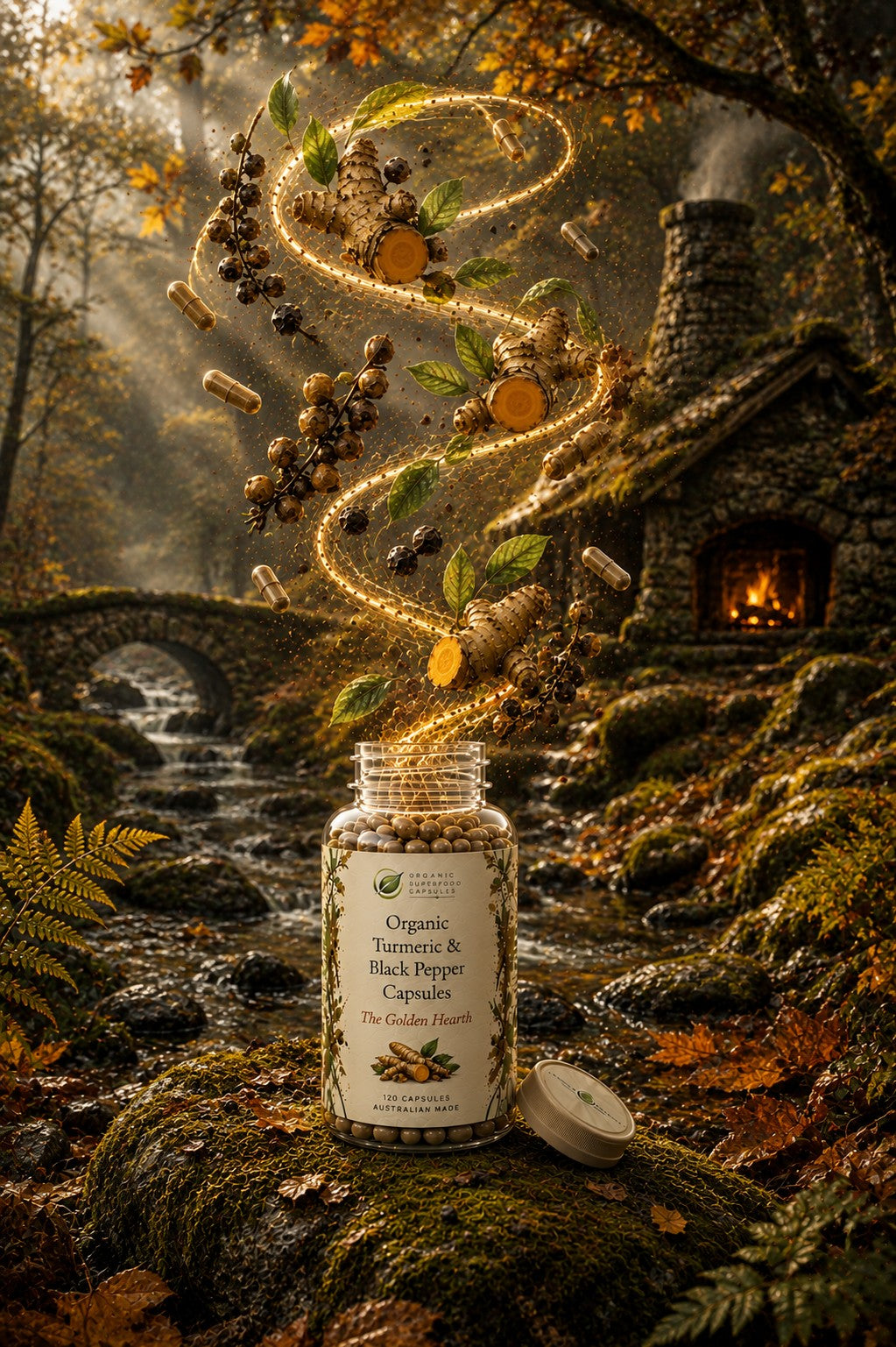A bottle of Organic Turmeric and Black Pepper Capsules stands on a mossy stream in a forest scene, with glowing capsules and herbs floating above it in a magical, warm autumn setting.