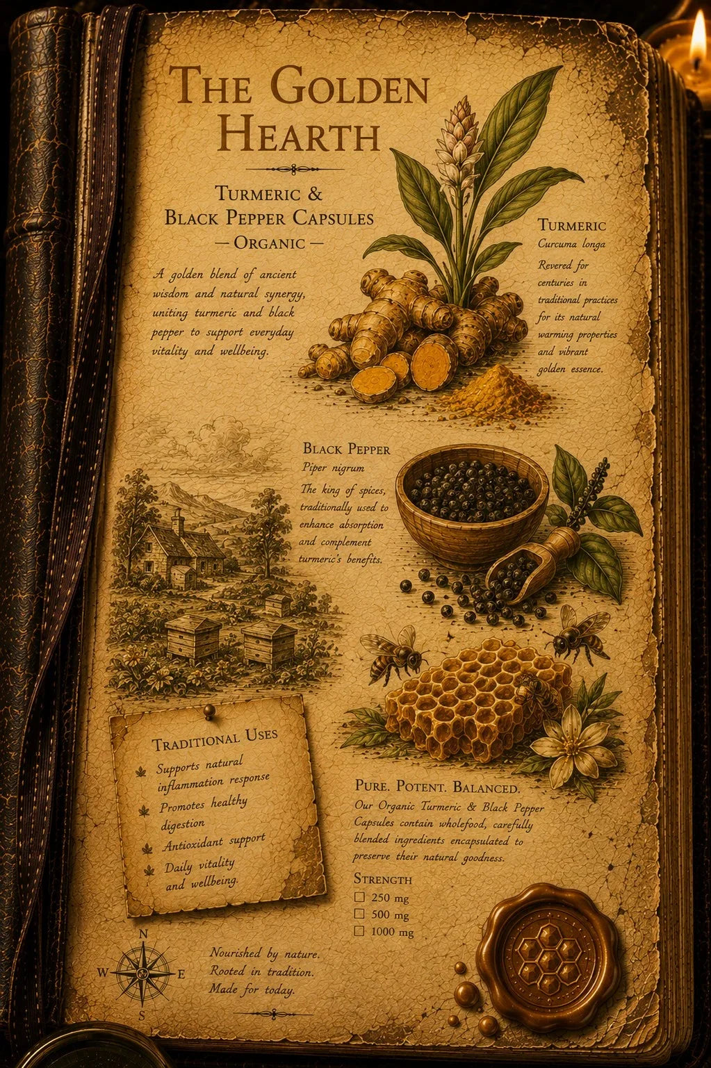 An open antique-style leather journal displaying a detailed page titled 'The Golden Hearth' about Turmeric and Black Pepper Capsules. The page features vintage botanical illustrations of turmeric roots, black pepper pods, a honeycomb, and a wax seal, with text detailing traditional uses and potency.