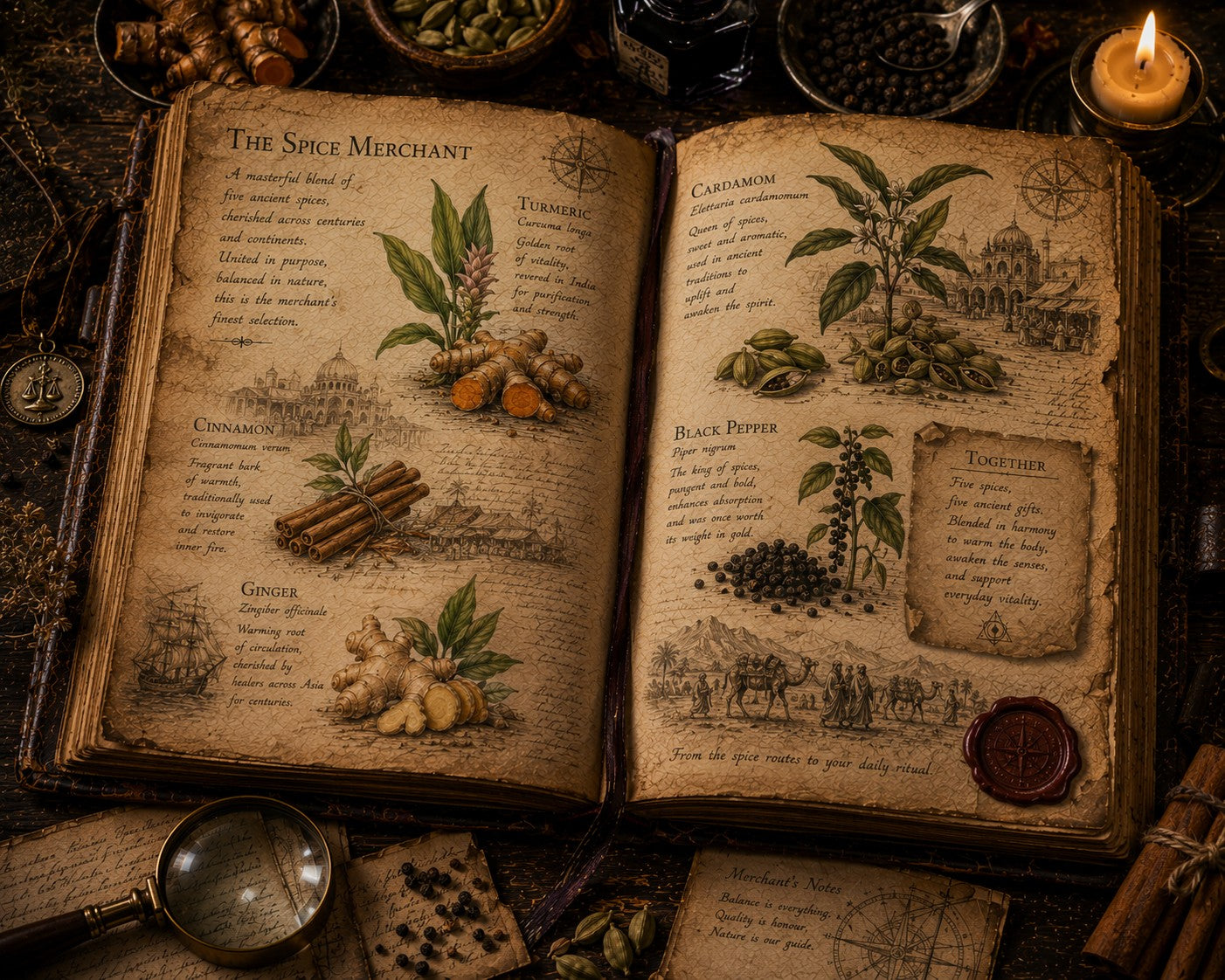 An open antique-style book spread titled 'The Spice Merchant' with illustrated spices, herbs, and recipe text, surrounded by candles, magnifying glass, spices, and parchment on a dark rustic surface.