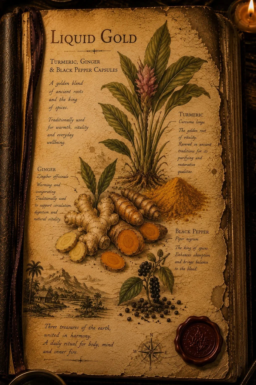 An aged parchment recipe card titled 'Liquid Gold' featuring botanical illustrations of turmeric, ginger, and black pepper with vintage text, set against a dark book cover with a wax seal.