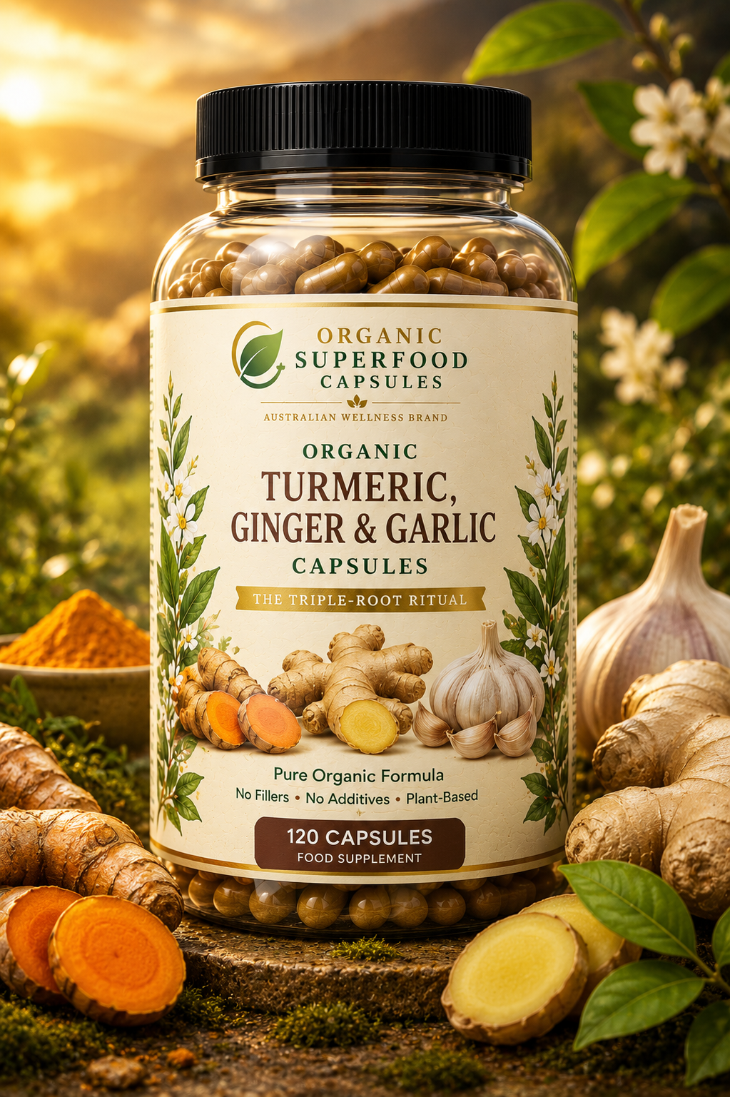 Supplement bottle labeled 'Organic Superfood Capsules' with turmeric, ginger, and garlic on a natural background. Organic Turmeric, Ginger & Garlic Capsules | The Triple-Root Ritual