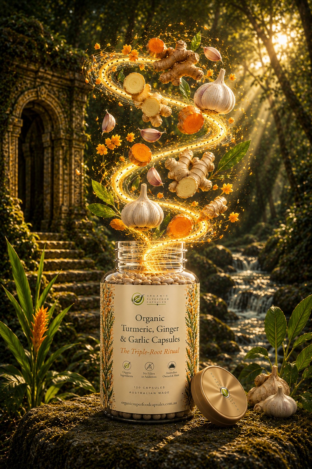A bottle of organic turmeric, ginger, and garlic capsules stands on a mossy log in a forest setting with a waterfall and stone archway in the background. Magical floating ingredients including turmeric roots, garlic bulbs, and orange flowers swirl above the bottle in a glowing golden spiral.
