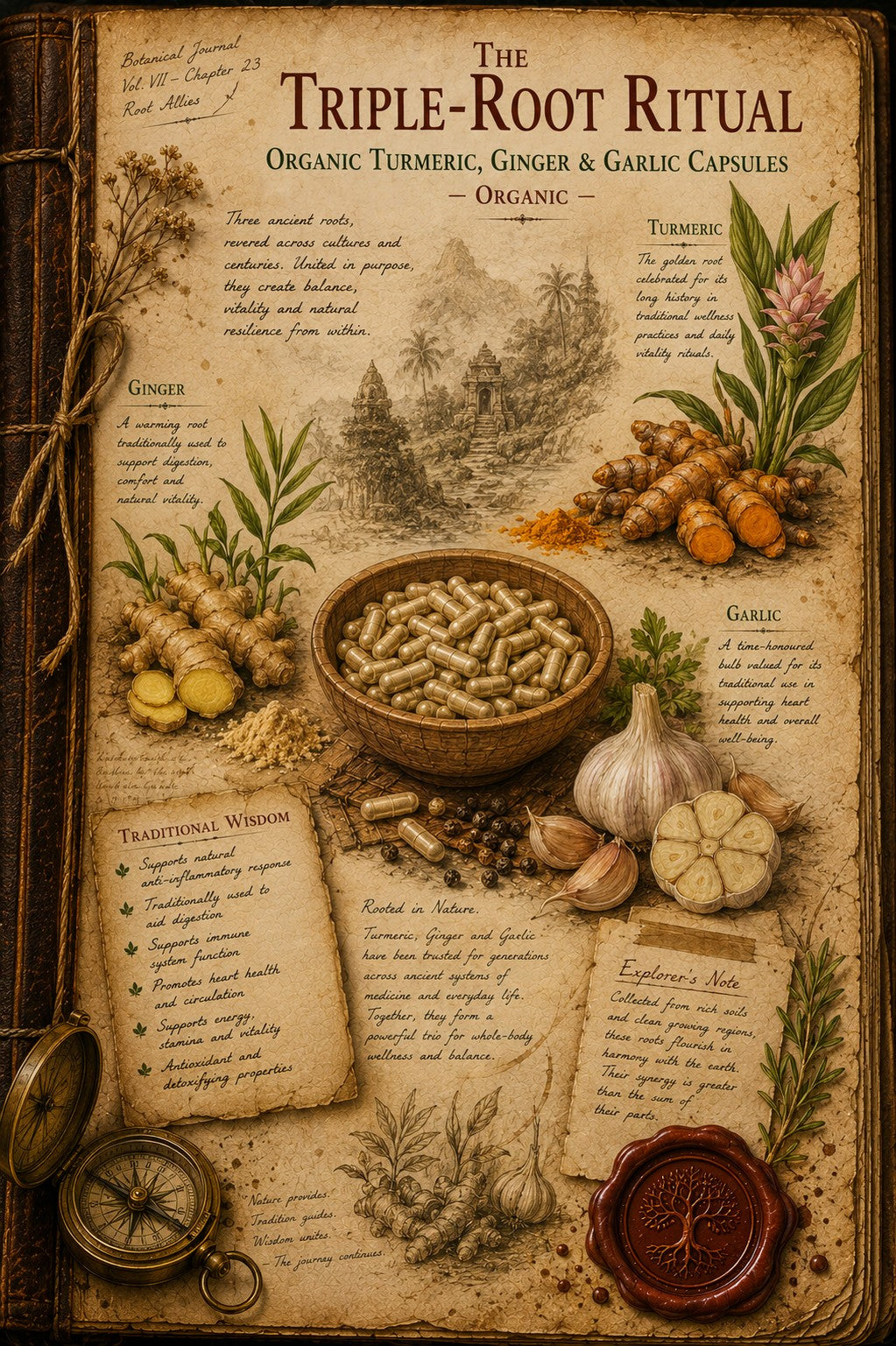 Vintage-style illustrated poster for 'The Triple-Root Ritual' organic turmeric, ginger, and garlic capsules, featuring a bowl of capsules, turmeric roots, garlic bulbs, herbs, parchment notes, a compass, and a wax seal on a dark wood background.