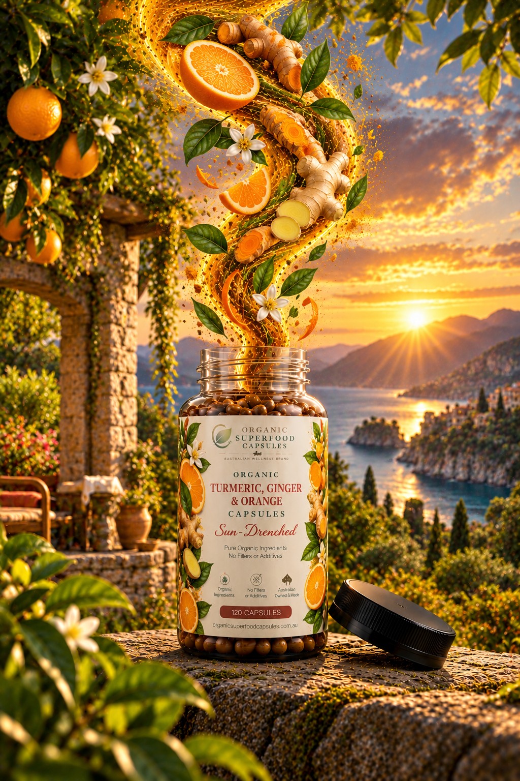 A bottle of Organic Turmeric, Ginger & Orange Capsules sits on a stone ledge outdoors, with a black cap beside it and a dramatic swirl of sliced oranges, ginger, and green leaves rising from the open bottle. The background shows a scenic sunset over a coastal landscape with mountains and water.