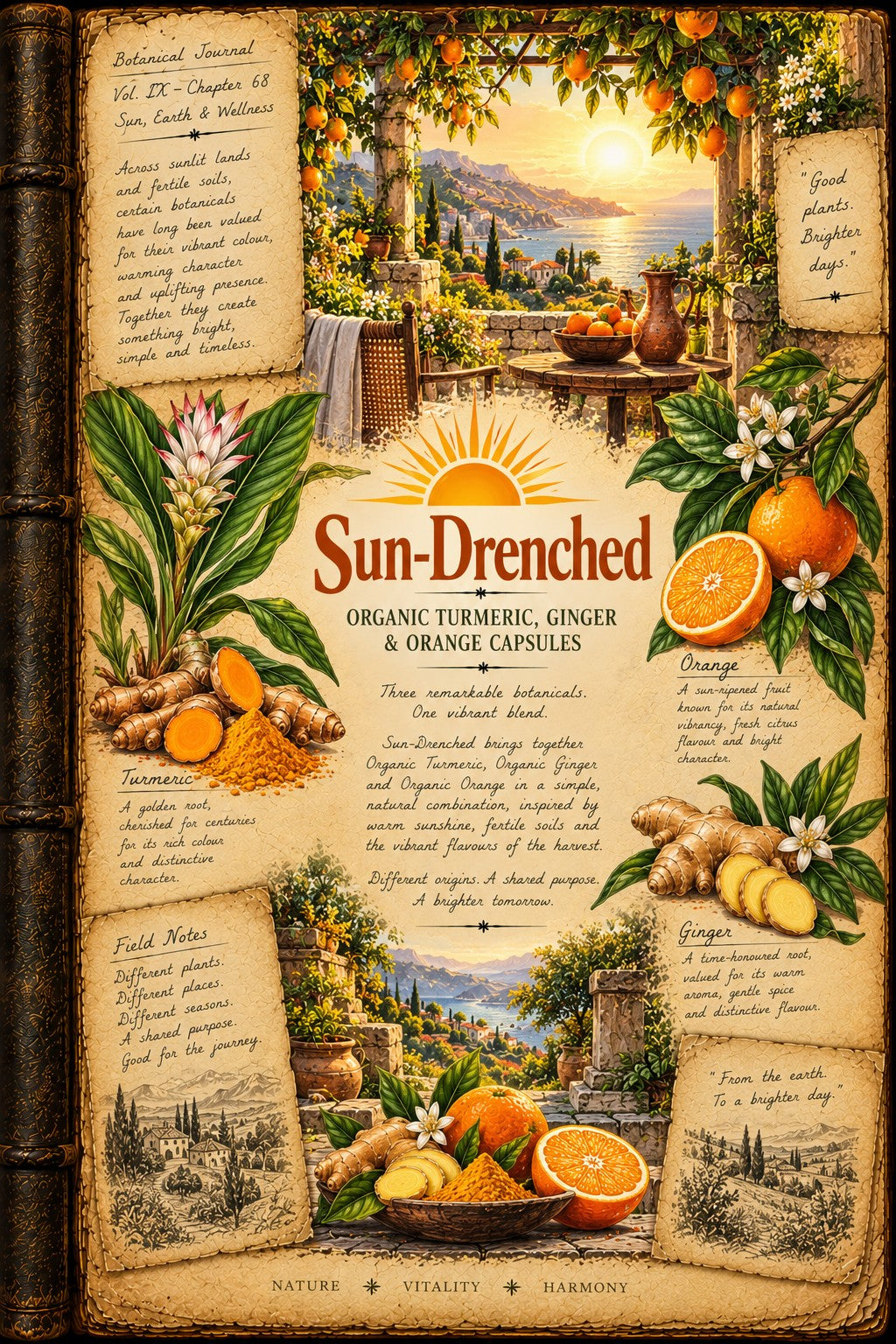 A vintage-style illustrated product card for Sun-Drenched Organic Turmeric, Ginger & Orange Capsules, featuring warm parchment textures, illustrations of turmeric roots, sliced oranges, ginger, and a scenic Mediterranean landscape with oranges hanging from trees.