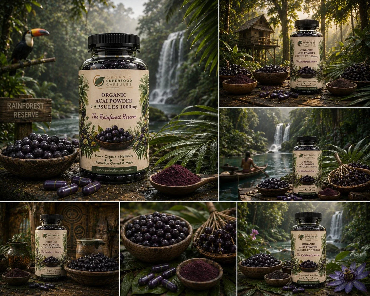 A collage of six panels showing a bottle of Rainforest Reserve Organic Acai Powder capsules alongside bowls of fresh acai berries, purple powder, and capsules, all set against lush tropical rainforest backdrops with waterfalls and a toucan.