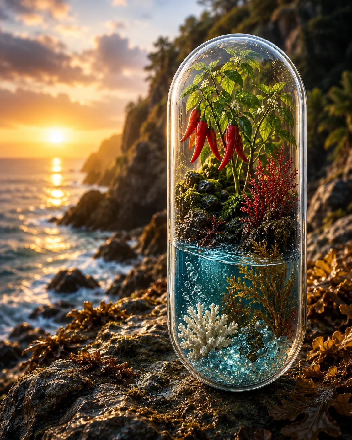 Glass capsule with plants on a rocky shore at sunset. Organic Cayenne, Marine Collagen & Hyaluronic Acid Capsules | The Radiant Catalyst