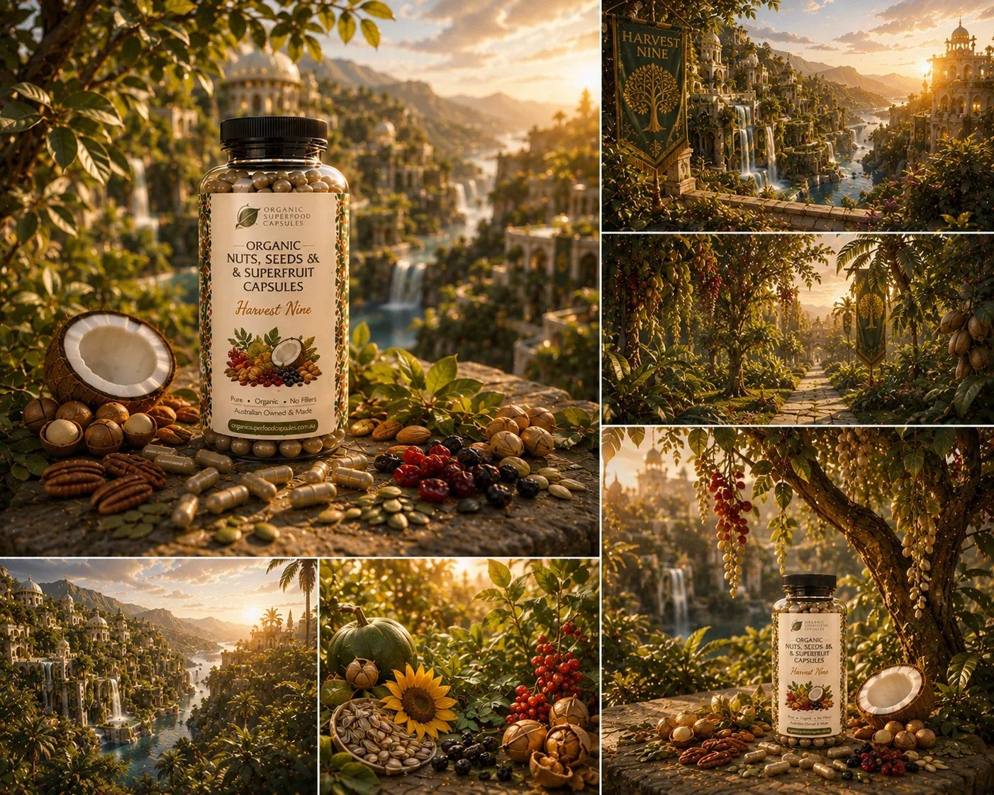 A collage of six outdoor scenes featuring a jar of organic nuts, seeds, and spices surrounded by real food ingredients like a coconut, pecans, sunflower, and berries, set against lush tropical landscapes with waterfalls and golden sunlight.