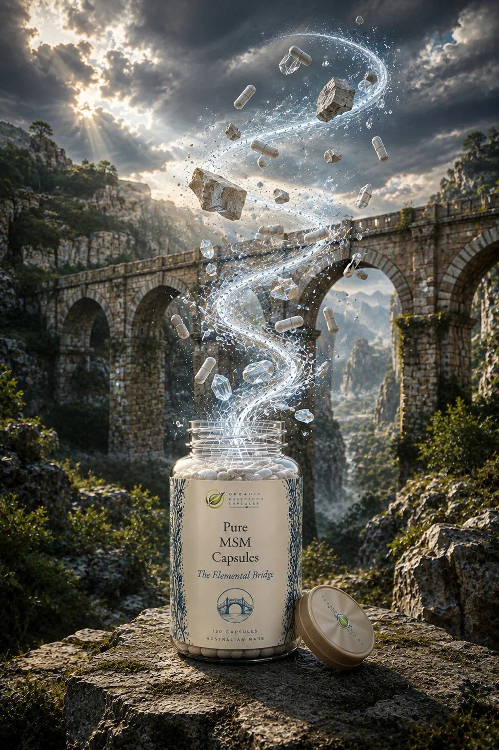 A clear supplement jar labeled 'Pure MSM Capsules' sits on a rocky surface outdoors, with the lid placed beside it and a swirling burst of white capsules floating above the open container. The background shows a dramatic stone aqueduct and mountain landscape under a cloudy sky with bright sunlight.