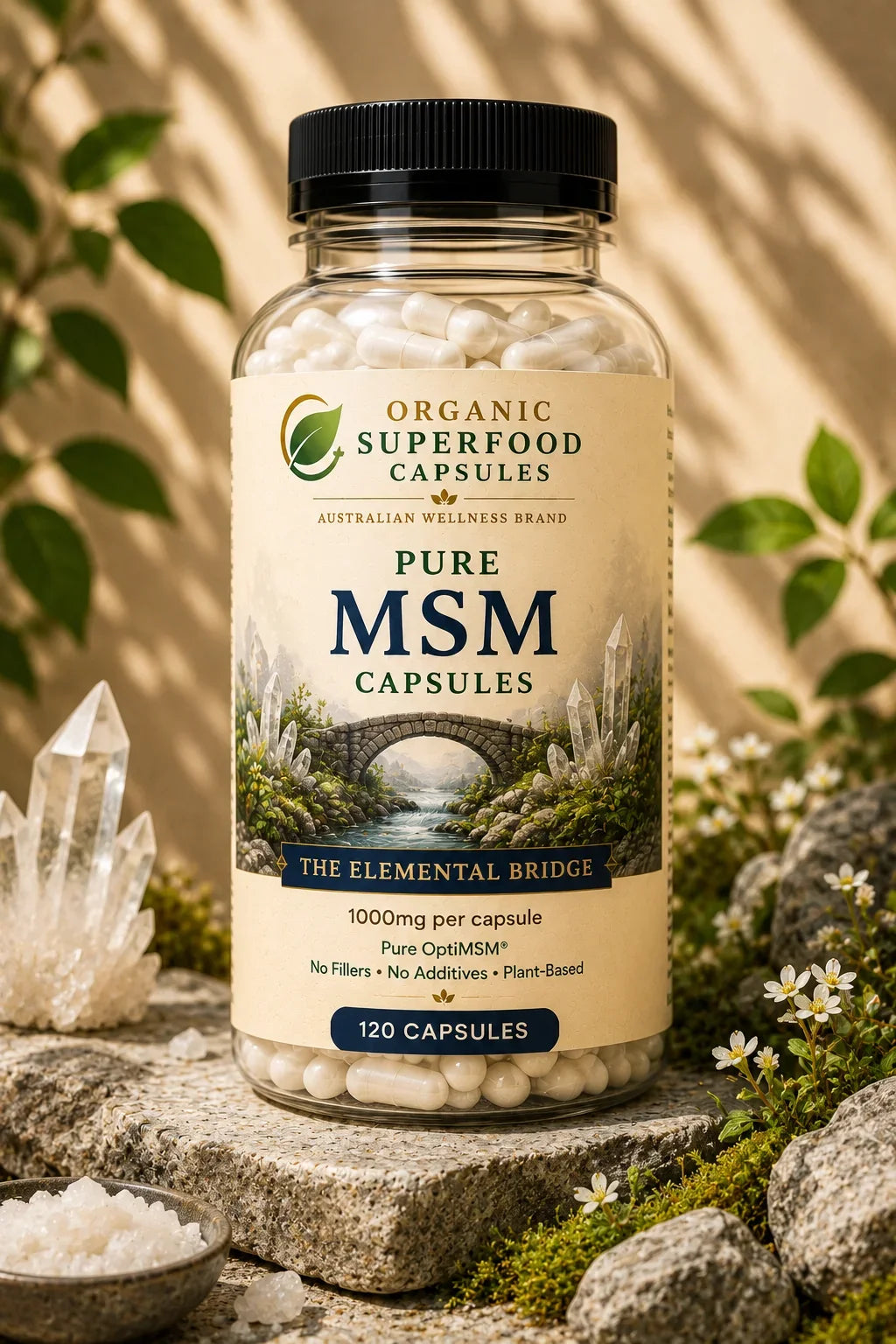 Bottle of Organic Superfood Capsules Pure MSM Capsules with natural background. Pure MSM Capsules | The Elemental Bridge