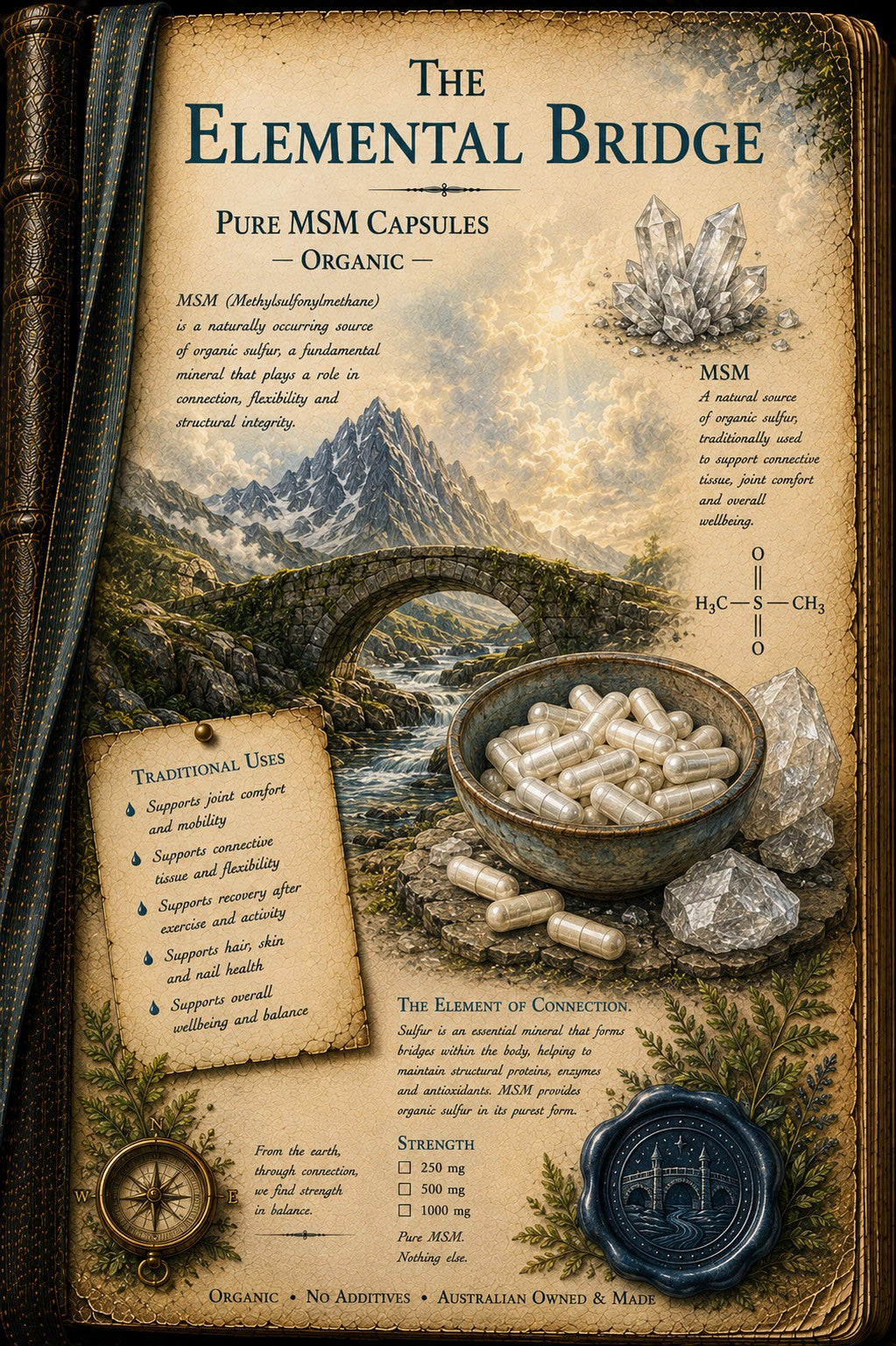 A vintage-style informational poster titled "The Elemental Bridge" about Pure MSM Capsules. The aged parchment design shows a mountain bridge, crystals, a bowl of white capsules, and text detailing traditional uses and strength levels.