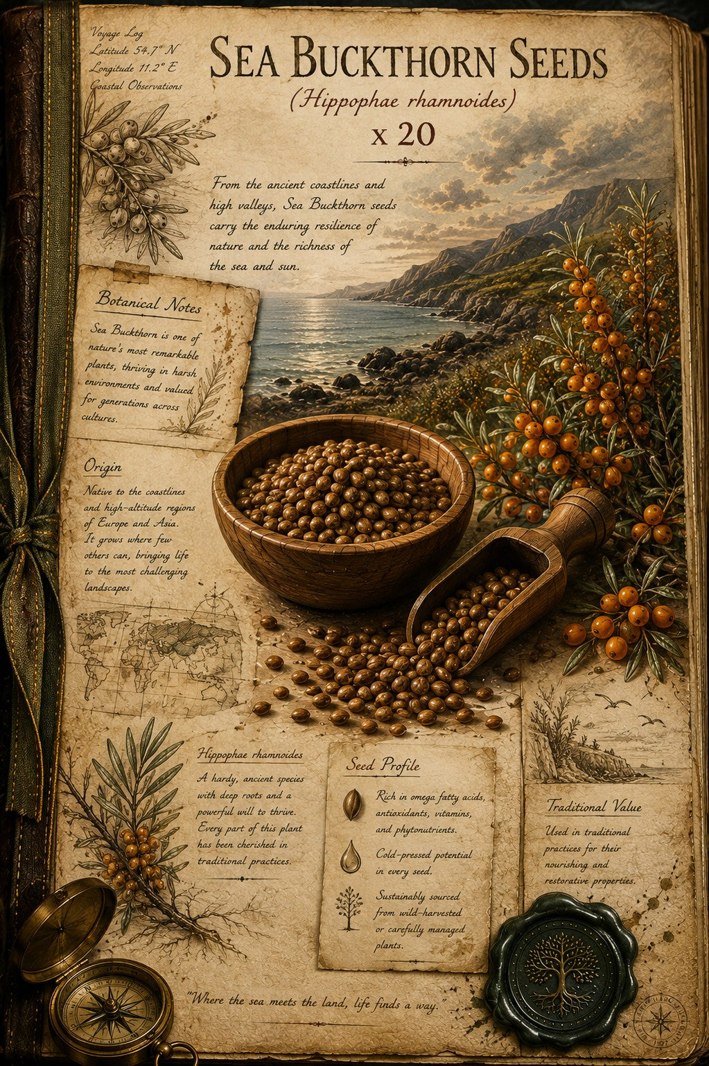 Vintage-style illustrated label for Sea Buckthorn Seeds, showing a bowl and scoop filled with small brown seeds, clusters of orange-brown berries on branches, aged parchment notes, a compass, wax seal, and a coastal landscape in the background.