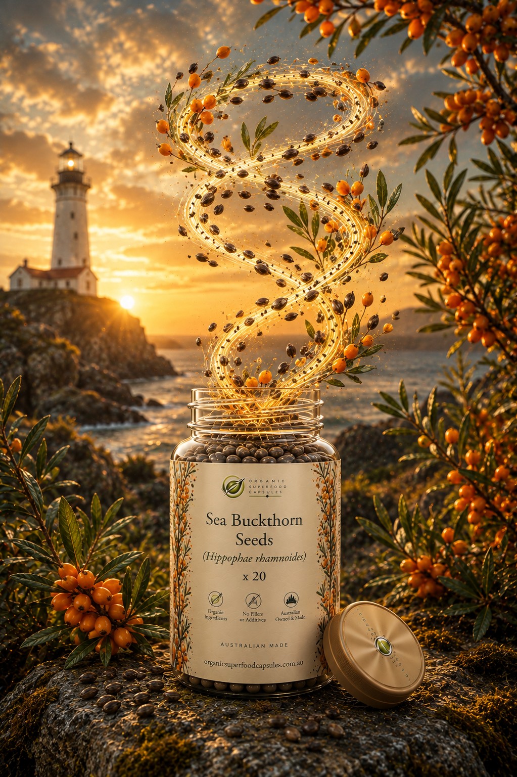 A jar of Sea Buckthorn Seeds with its lid beside it, set on a rocky shore at sunset with a lighthouse in the background. A glowing spiral of dried sea buckthorn pods and small orange berries swirls above the open jar, with branches framing the scene.