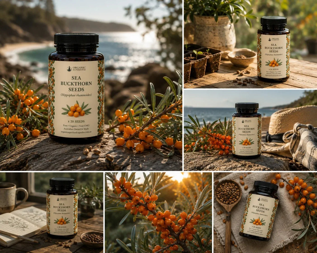 A collage of five lifestyle photos showing a bottle of sea buckthoon seeds placed outdoors on wood near berries, water, plants, and rustic props. The bottle label reads 'SEA BUCKTHOON SEEDS' and includes a small brand mark at the top.