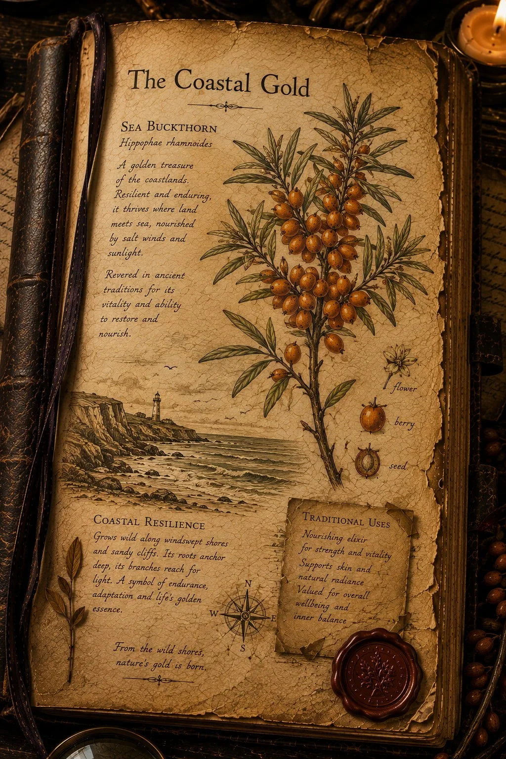 An antique-style illustrated book page titled "The Coastal Gold" showing botanical artwork of sea buckthorn berries, historical text, a lighthouse sketch, a compass rose, and a wax seal, photographed in a dark vintage setting with a candle and leather-bound book visible.