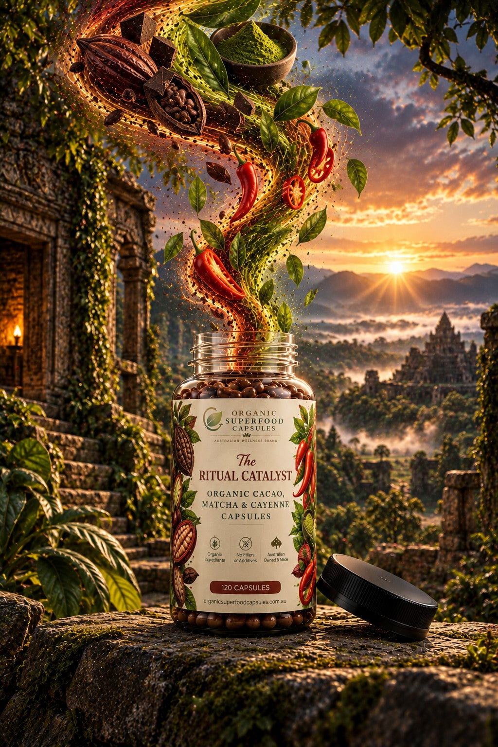A bottle of 'The Ritual Catalyst' organic cacao capsules stands on a mossy stone ledge in front of a scenic Cambodian temple landscape at sunset. A swirling, vibrant graphic of cacao pods, red chilies, and green leaves erupts from the open bottle, while a black cap rests beside it.