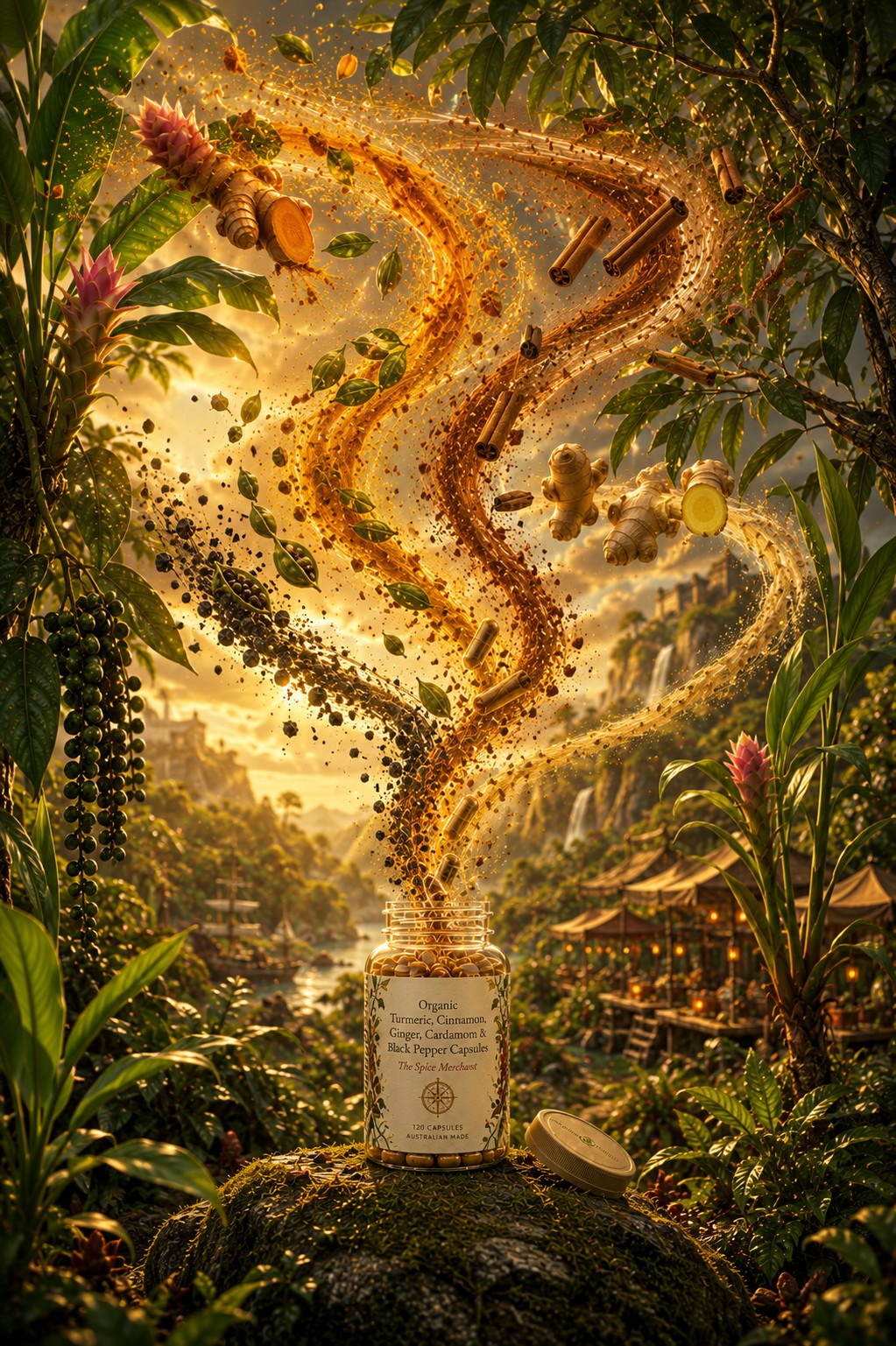 A clear glass jar filled with golden-yellow powder sits on a mossy rock in a lush tropical forest, with a swirling trail of sparkling golden particles rising into the air and forming abstract shapes against a scenic jungle backdrop.