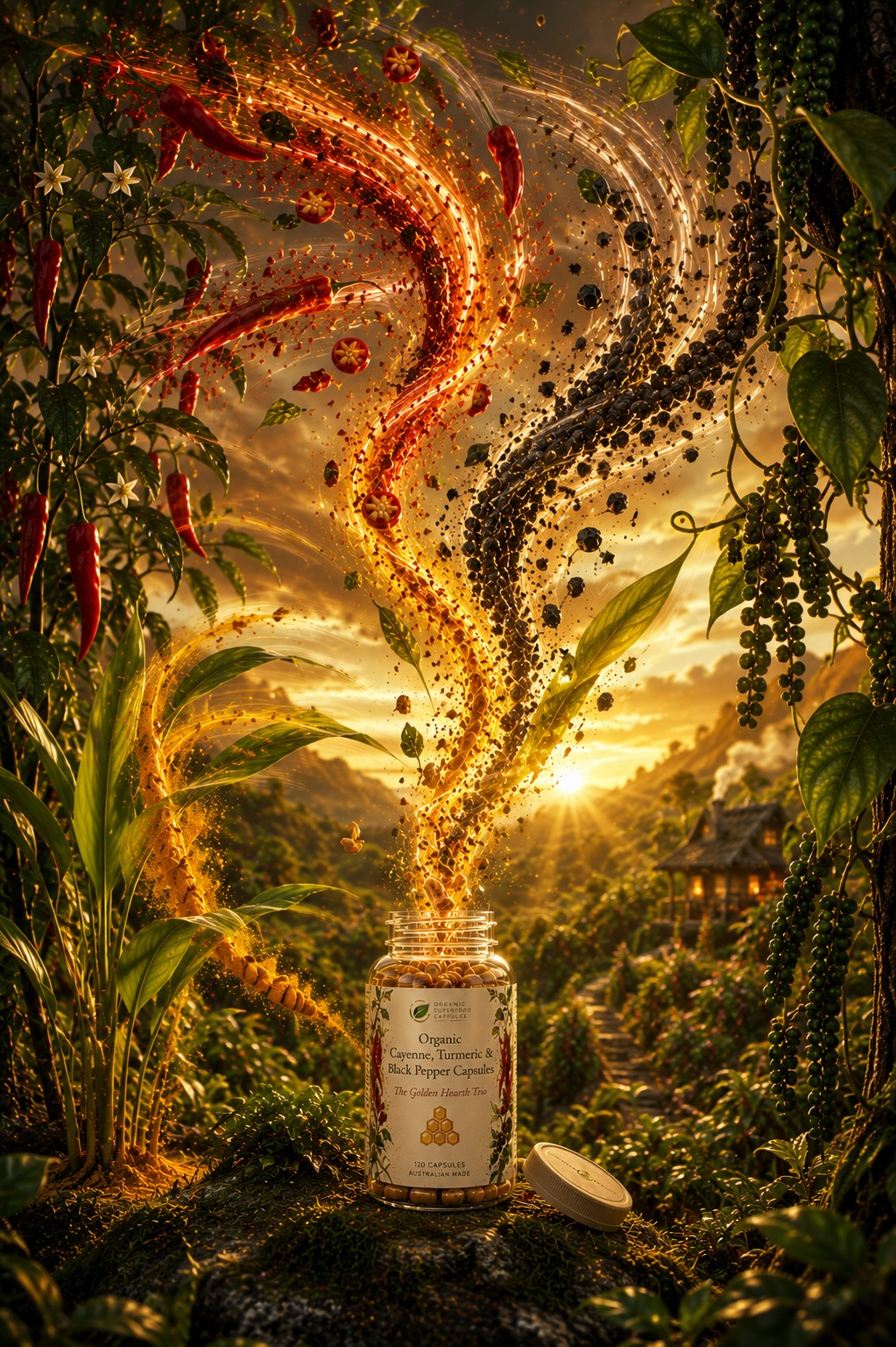 A glass jar of organic chili powder and pepper flakes sits on a forest floor at sunset, with glowing red and golden chili streaks rising into the sky above a lush jungle landscape.