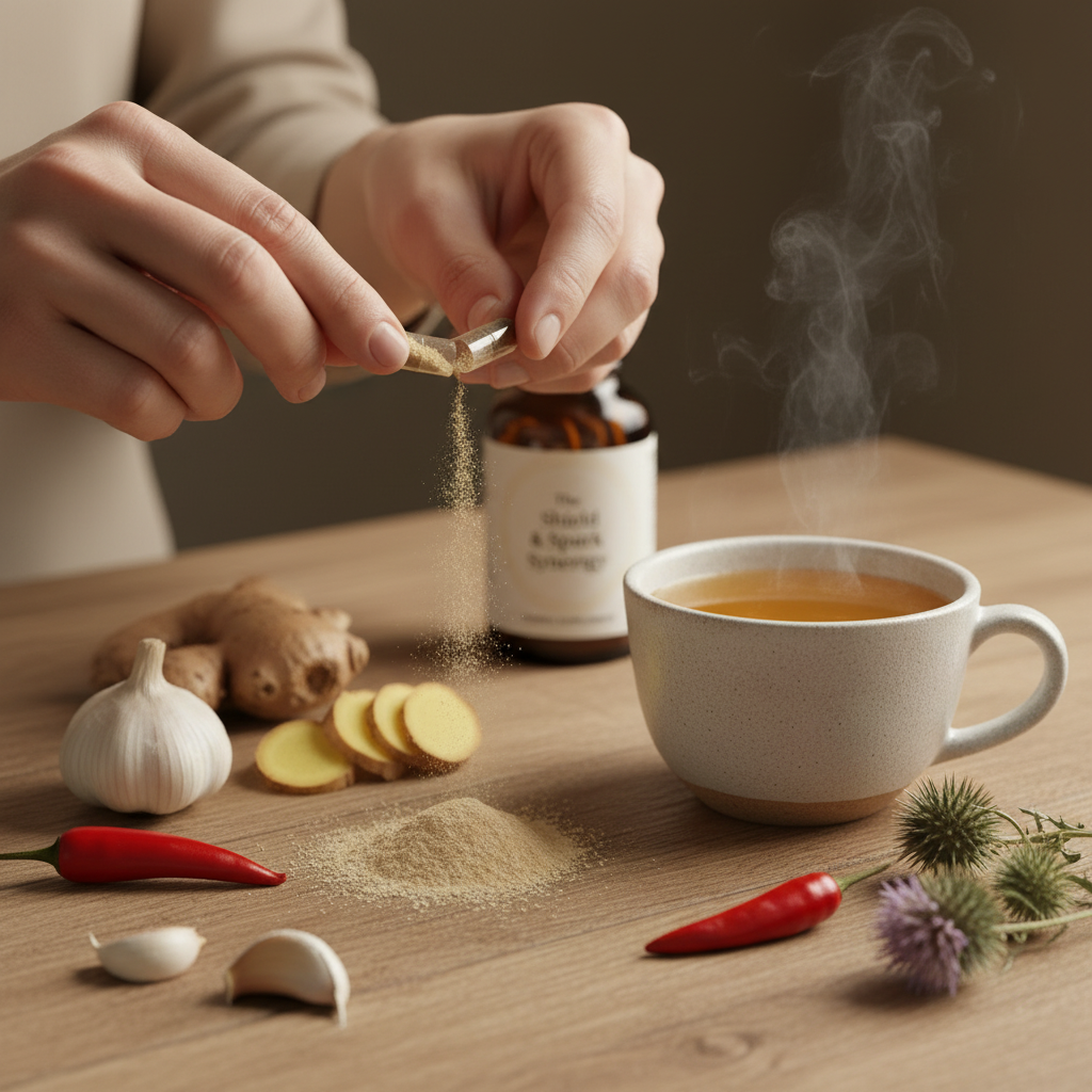 Person adding spices to a steaming cup of tea on a wooden table with various herbs and spices.