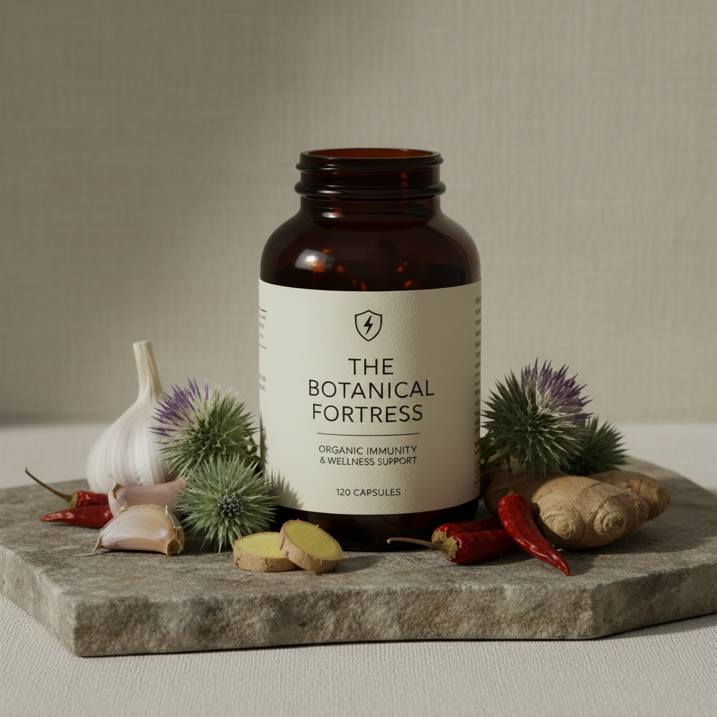 Bottle of 'The Botanical Fortress' on a stone surface with herbs and spices.