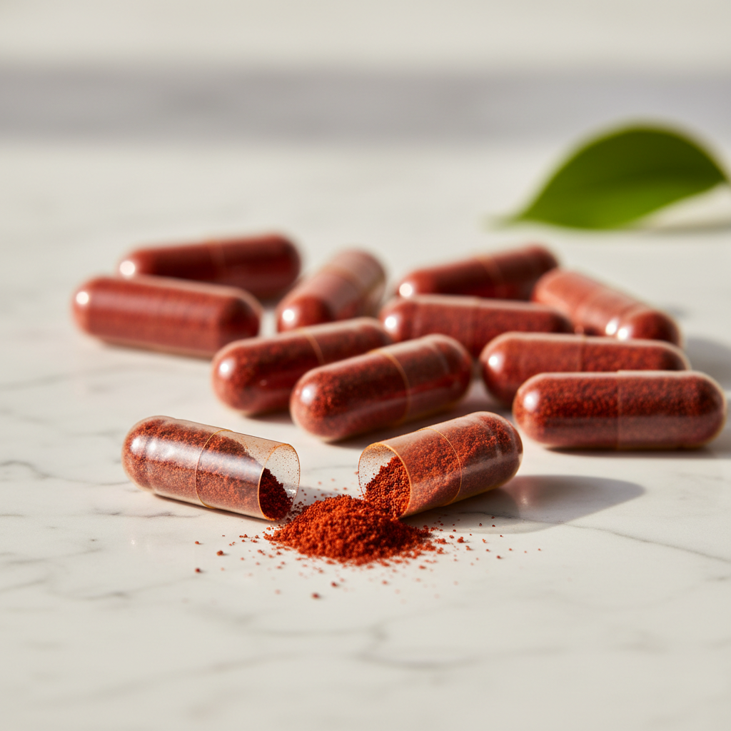 Red capsules with one open on a light surface