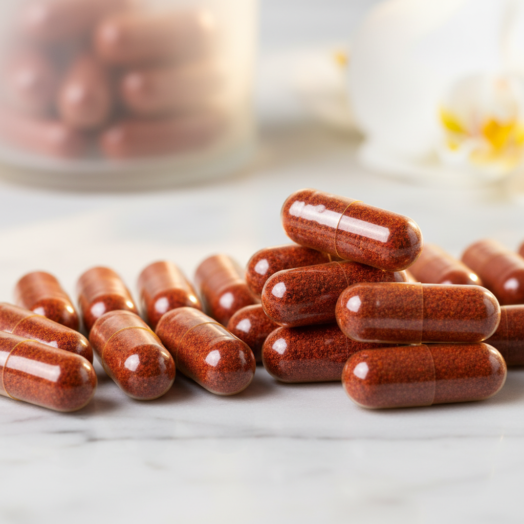Brown capsules on a marble surface with a blurred background