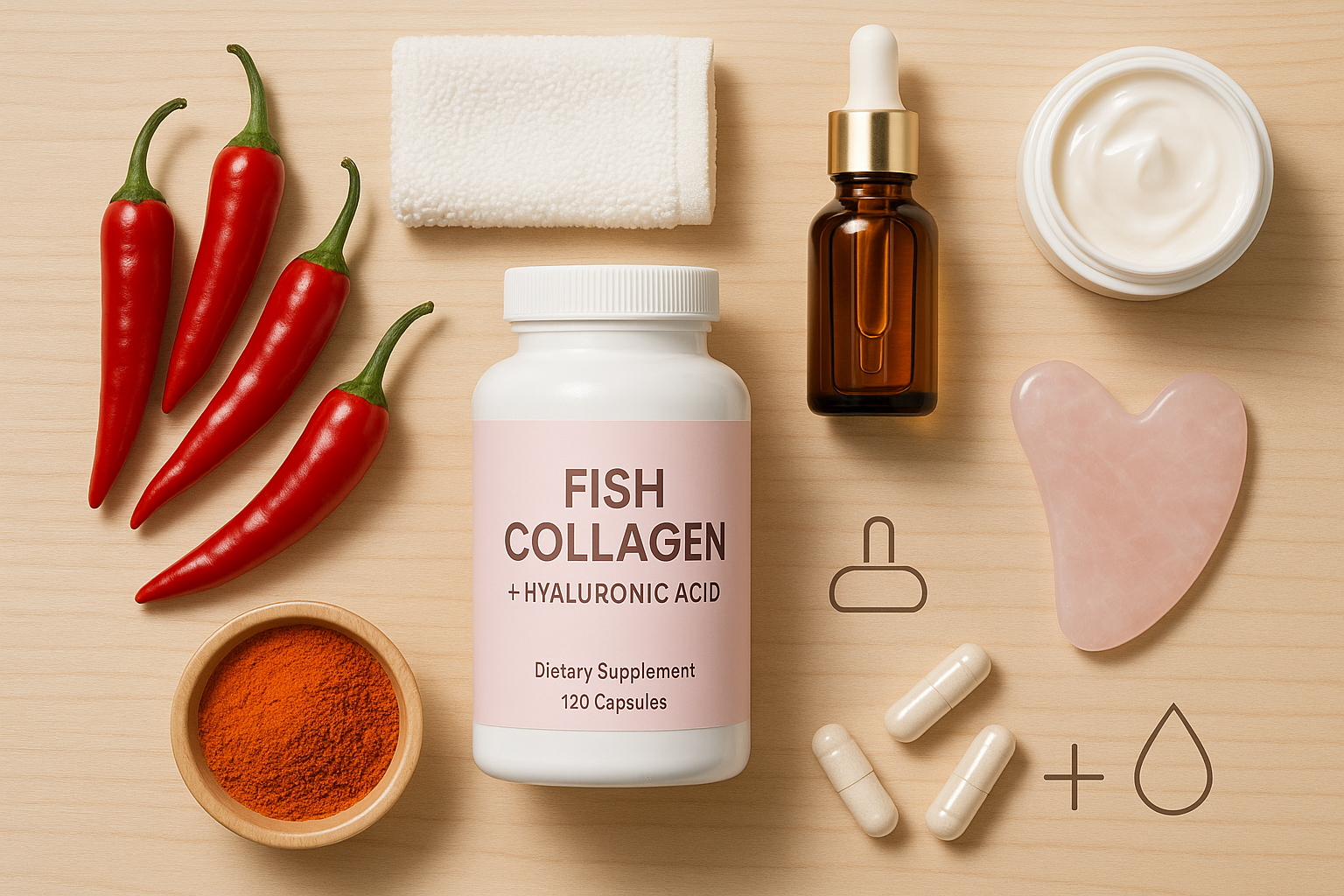 Cayenne Pepper Fish Collagen Hyaluronic Acid - Flat Lay Style