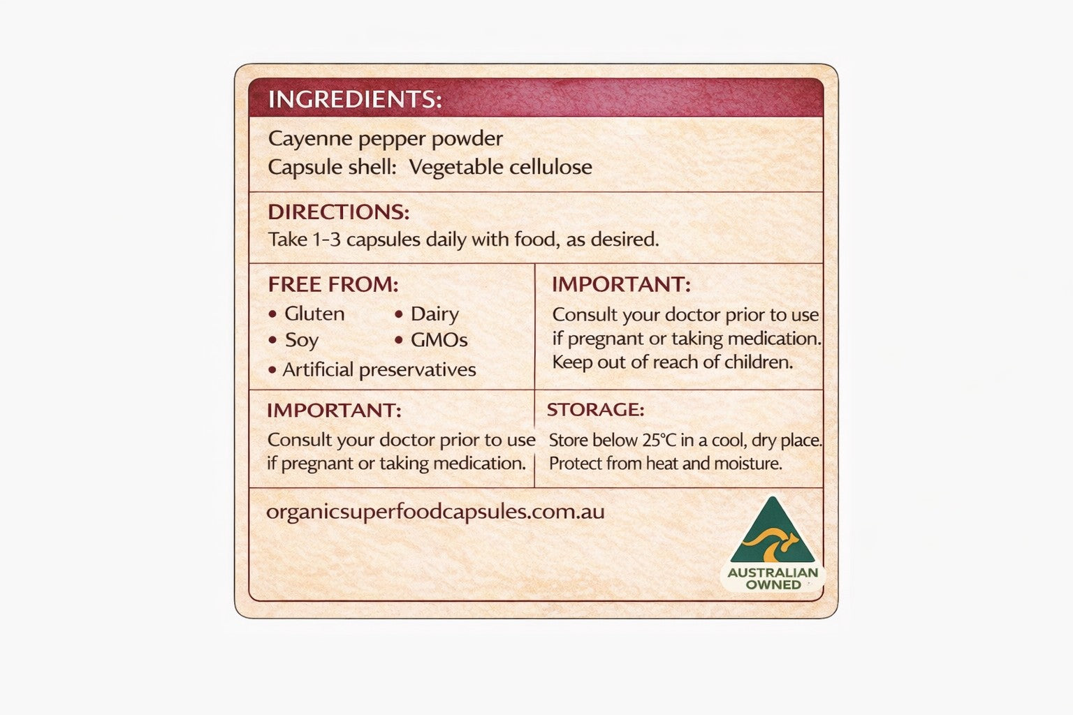 Supplement capsule label with ingredients, directions, and important information on a white background.