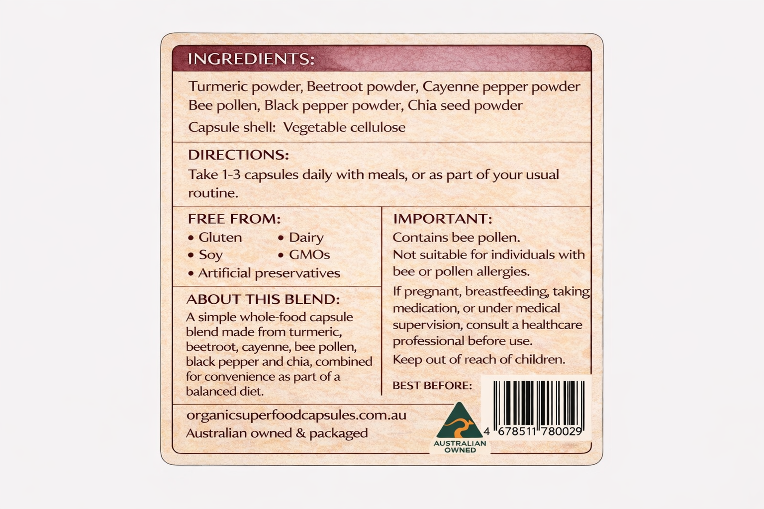 Organic Superfood Blend Capsules – Turmeric, Beetroot, Cayenne, Bee Pollen, Black Pepper & Chia