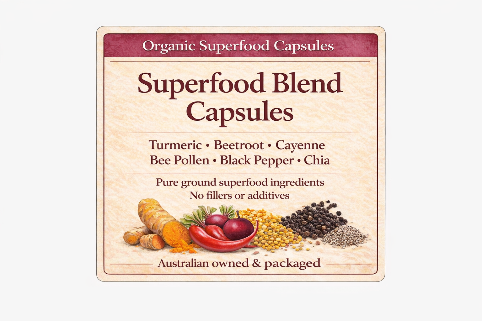 Organic Superfood Blend Capsules – Turmeric, Beetroot, Cayenne, Bee Pollen, Black Pepper & Chia
