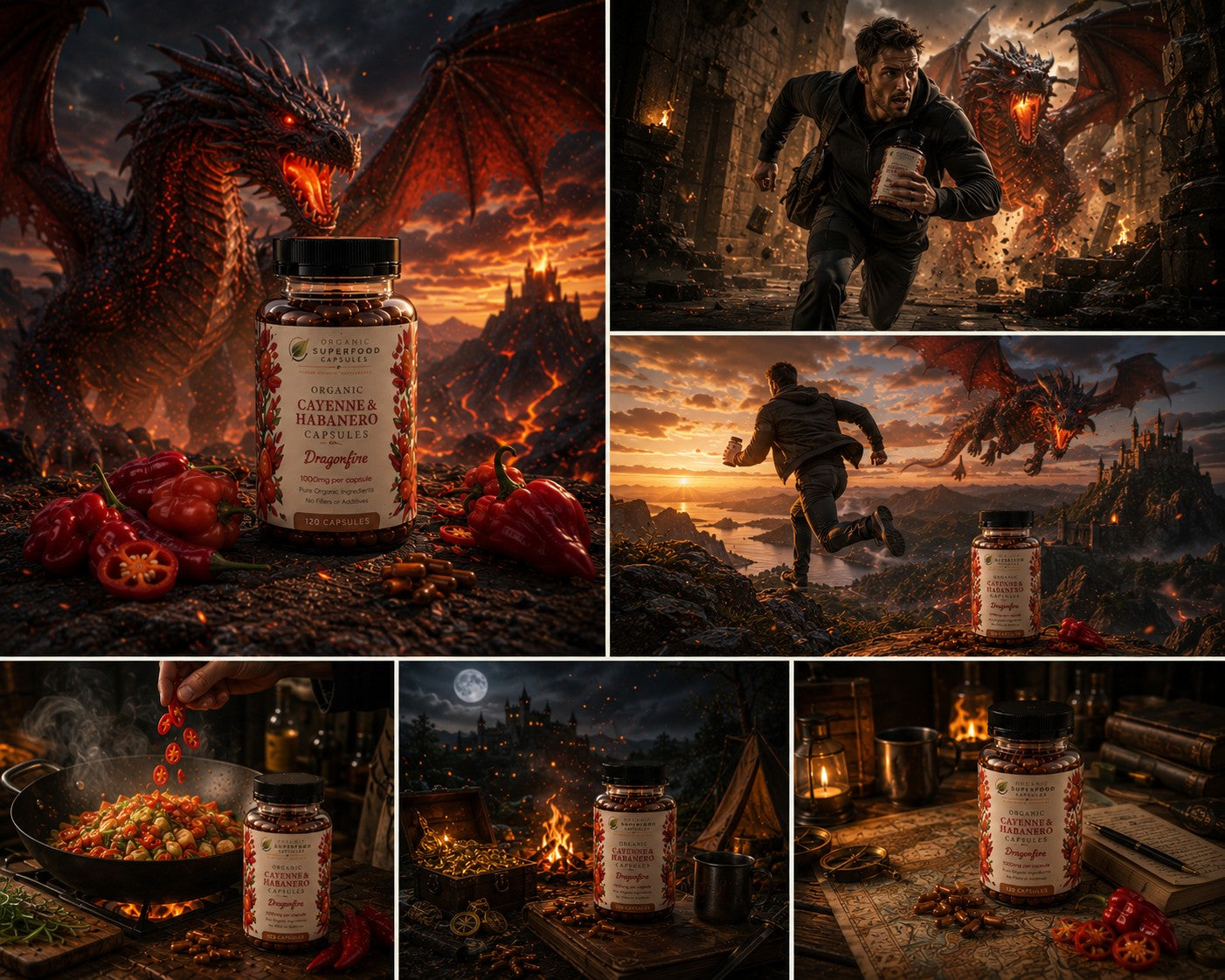 A collage of six panels featuring a bottle of Dragonfire Spicy Pepper Flakes seasoning. The product bottle is shown in dramatic fantasy scenes with red peppers, a dragon, and a warrior running through a fiery landscape, suggesting a spicy or epic flavor profile.