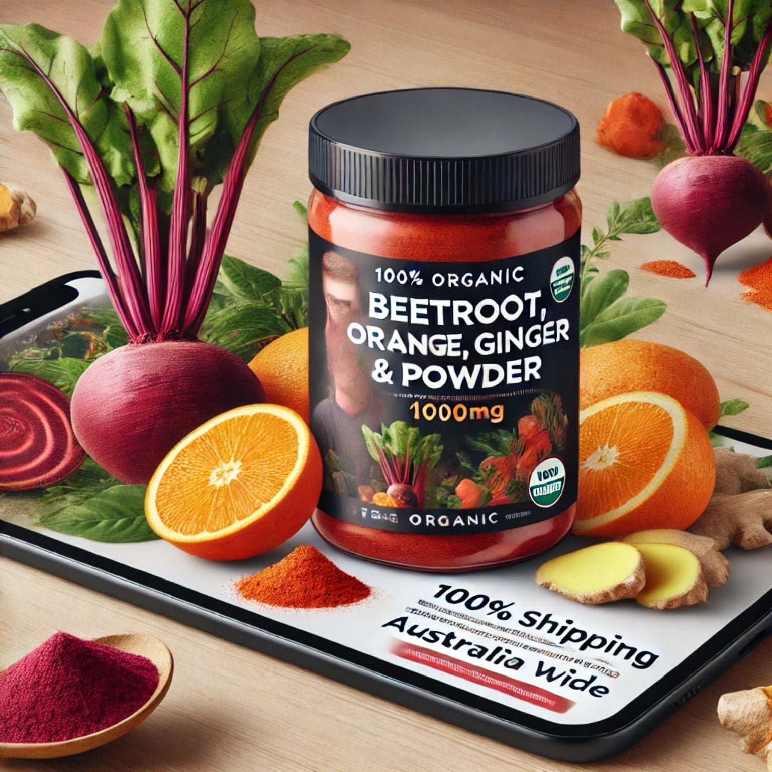 A jar of organic beetroot, orange, ginger, and powder capsules with a 1000mg serving size displayed on a table with fresh beetroots, oranges, and ginger.