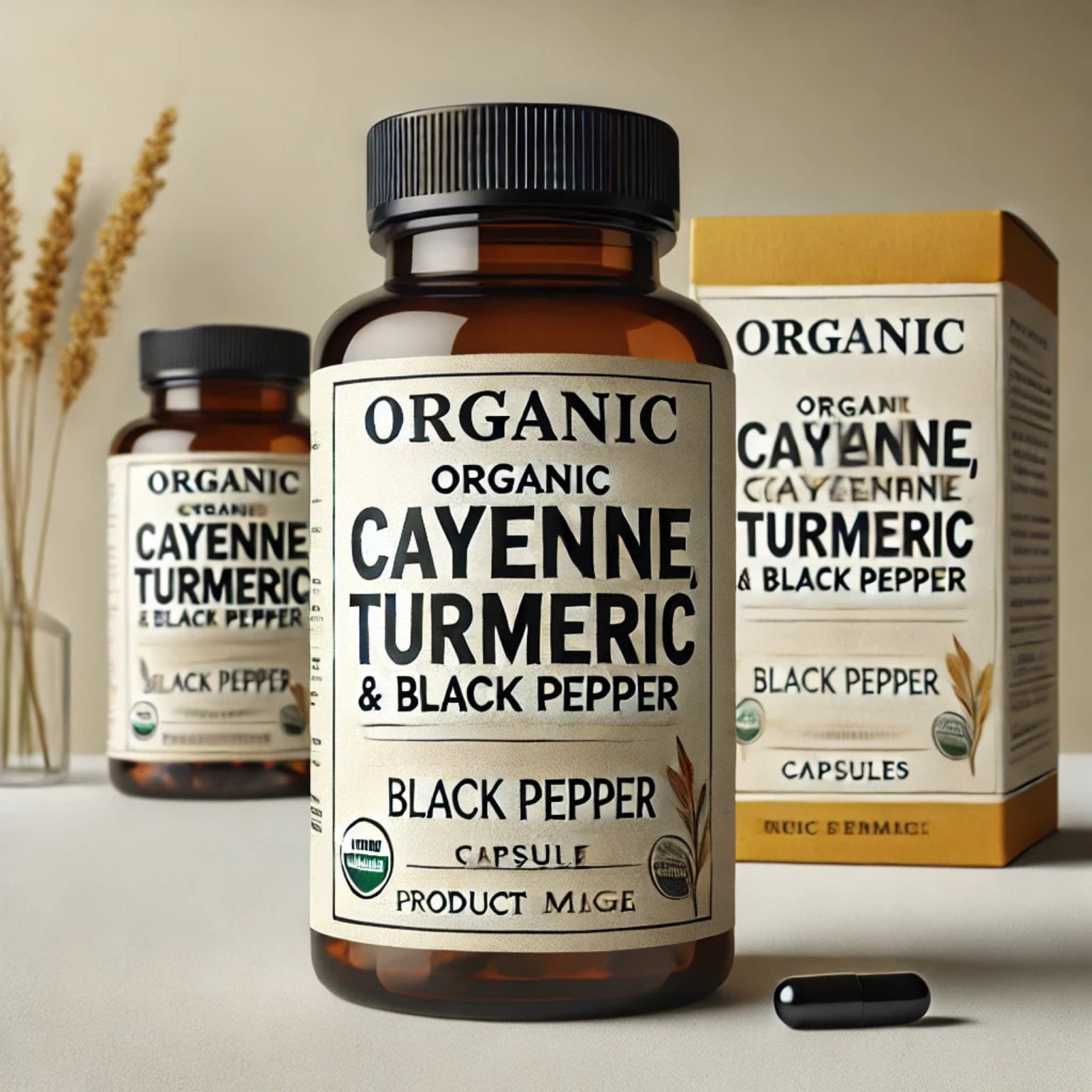 A bottle and box of Organic Cayenne, Turmeric & Black Pepper Capsules, with a single capsule displayed in front of the packaging.