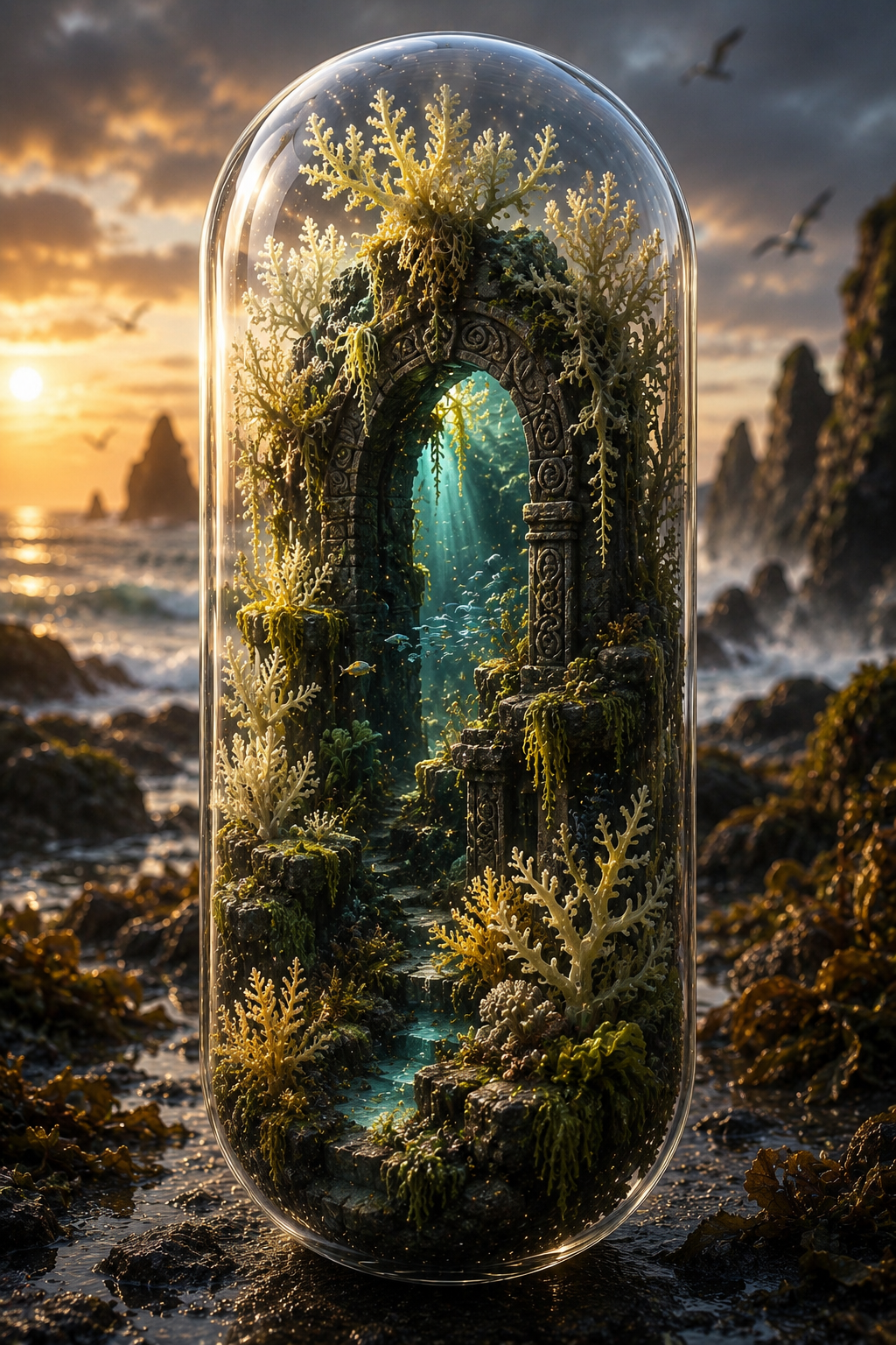 Moss-covered stone archway under a glass dome with a sunset or sunrise in the background.
