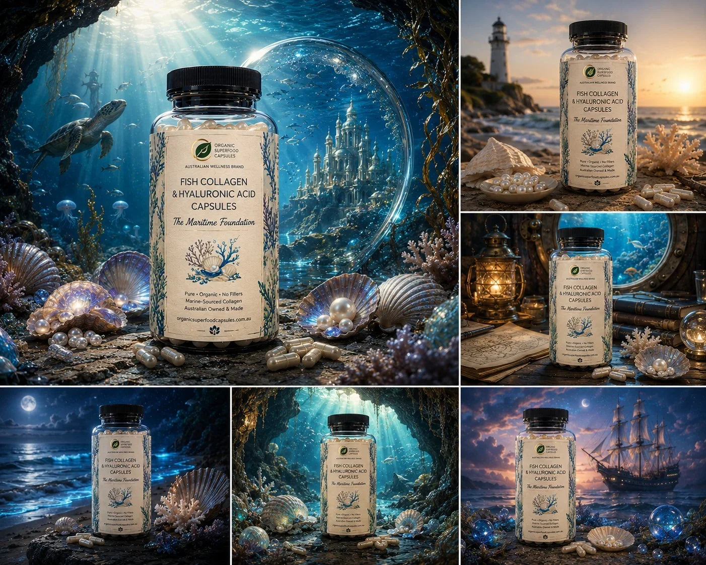A collage of six product photos showing a bottle of fish collagen and hyaluronic acid capsules placed in various scenic environments, including an underwater scene, a lighthouse by the sea, and a ship at sunset. The bottle label reads 'The Maritime Foundation'.